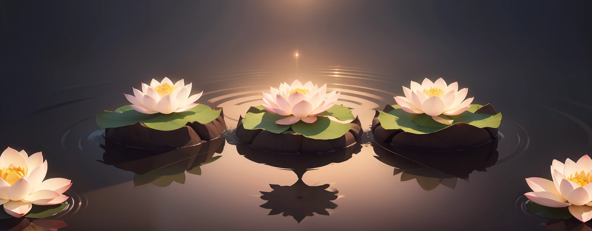 Create an image with a background filled with several lotus flowers, conveying a sense of universalism.