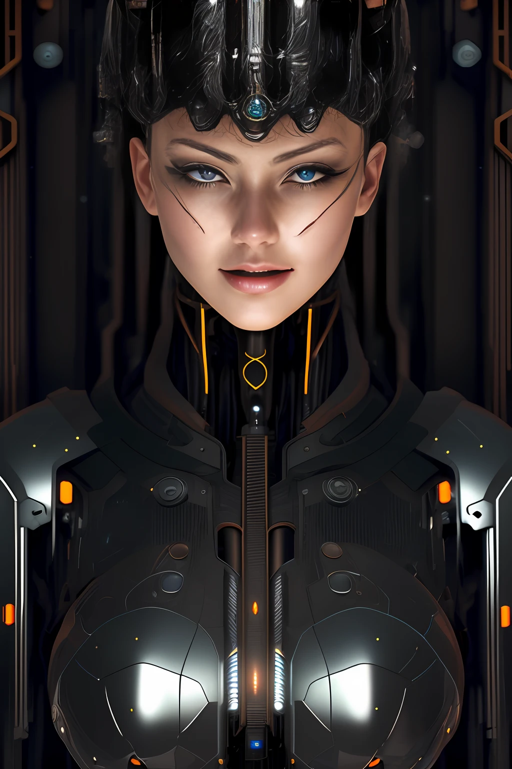 full body cyborg| full-length portrait| detailed face| symmetric| steampunk| cyberpunk| cyborg| intricate detailed| to scale| hyperrealistic| cinematic lighting| digital art| concept art| mdjrny-v4 style