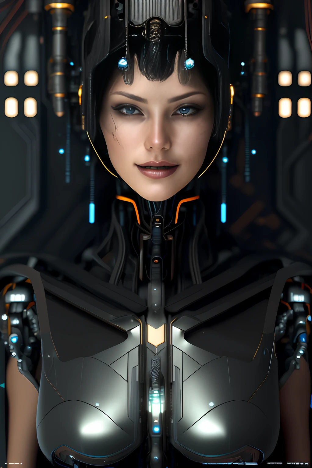 full body cyborg| full-length portrait| detailed face| symmetric| steampunk| cyberpunk| cyborg| intricate detailed| to scale| hyperrealistic| cinematic lighting| digital art| concept art| mdjrny-v4 style