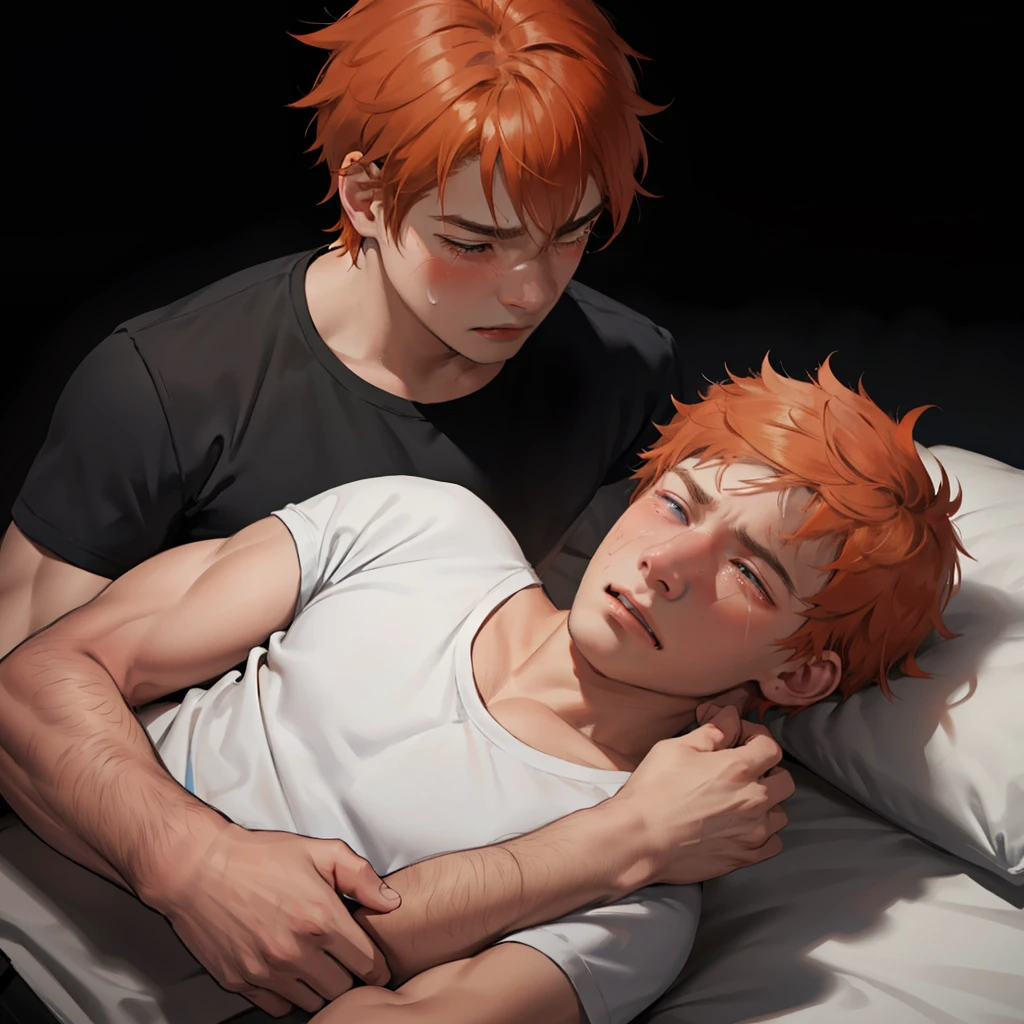 Orange-haired -yeld cr with sadness because his friend has died