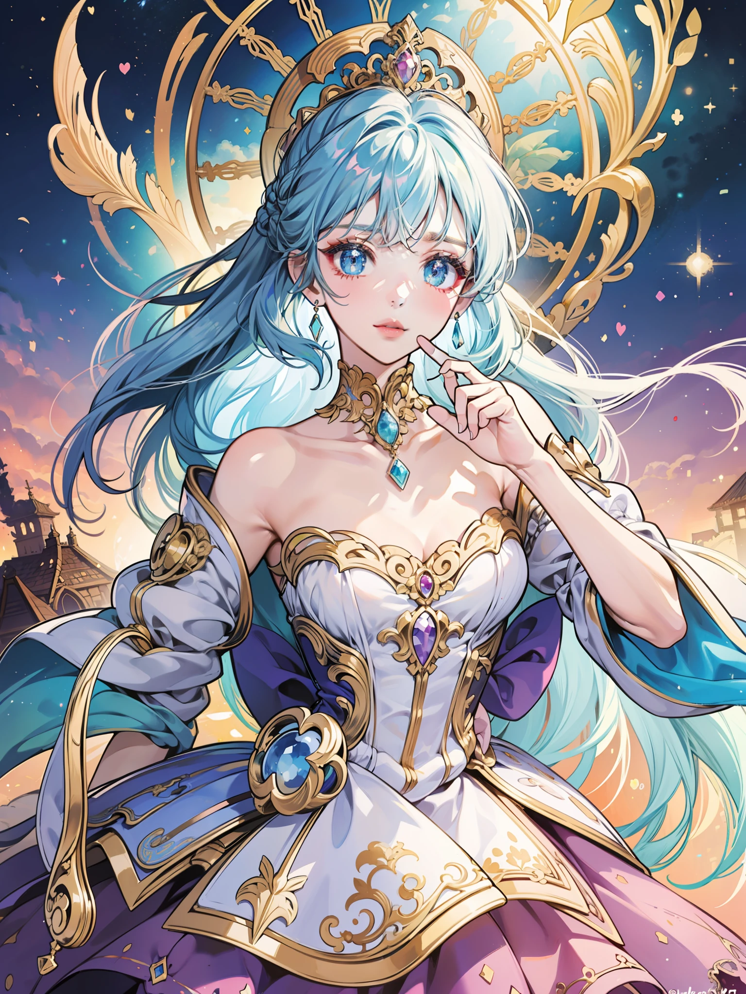masterpiece, best quality, 8k resolution, sharp focus, intricate detail, beautiful girl, sparkling eyes, golden ratio face, otherworldly liquid, watercolor, ((pastel colors)), bright colors, whimsical, colorful, sharp focus, high resolution, fine detail, princess fantasy ballgown, ((round eyes)), iridescent bubbles, castle landscape in background