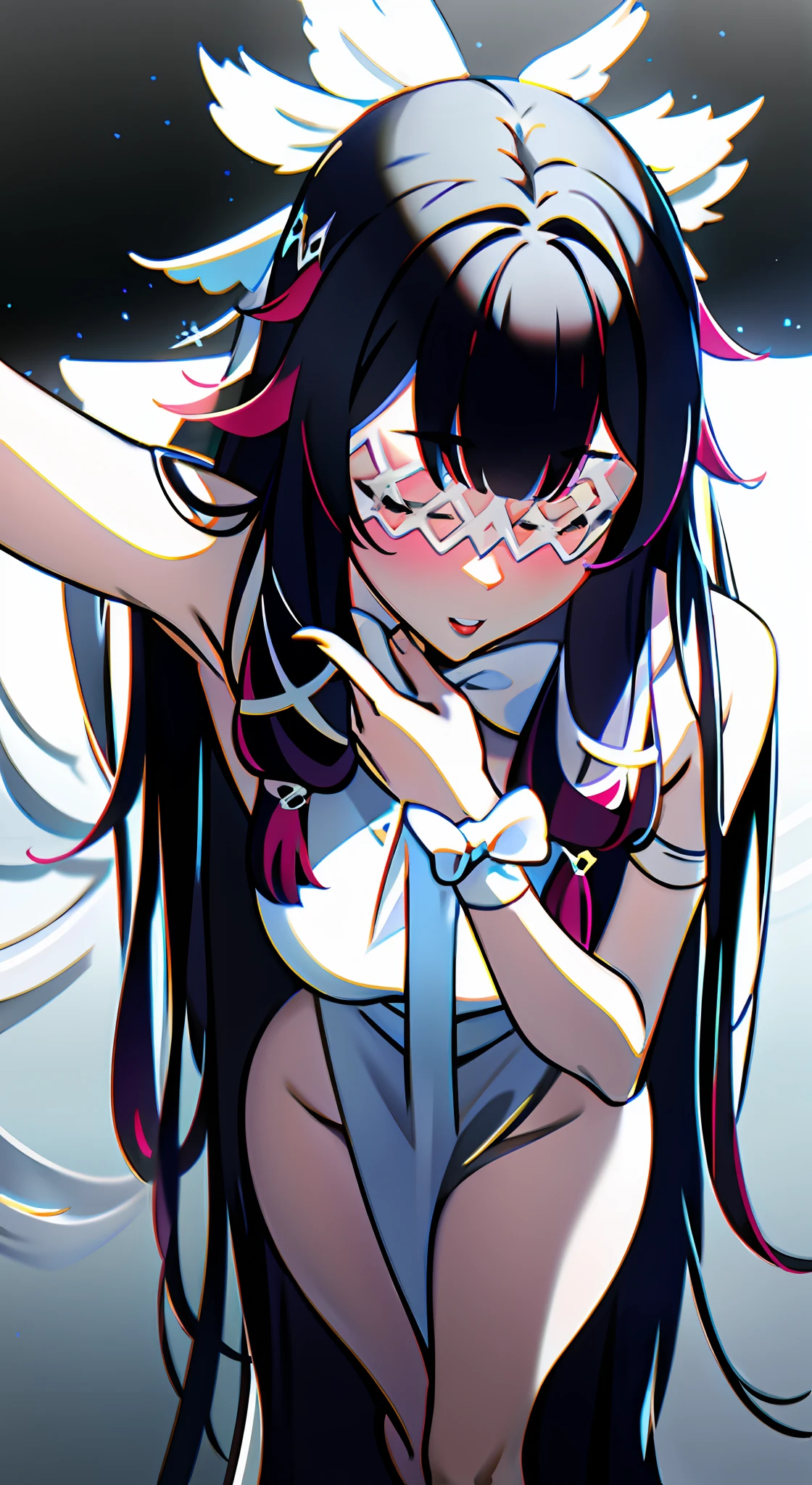 NSFW,nakeness,eye closeds,Keep your eyes closed,(White grid-like veil),White cloak,sexyposture,(Perfect Finger)seduce,seductiv,standing on your feet, White ribbon shoes