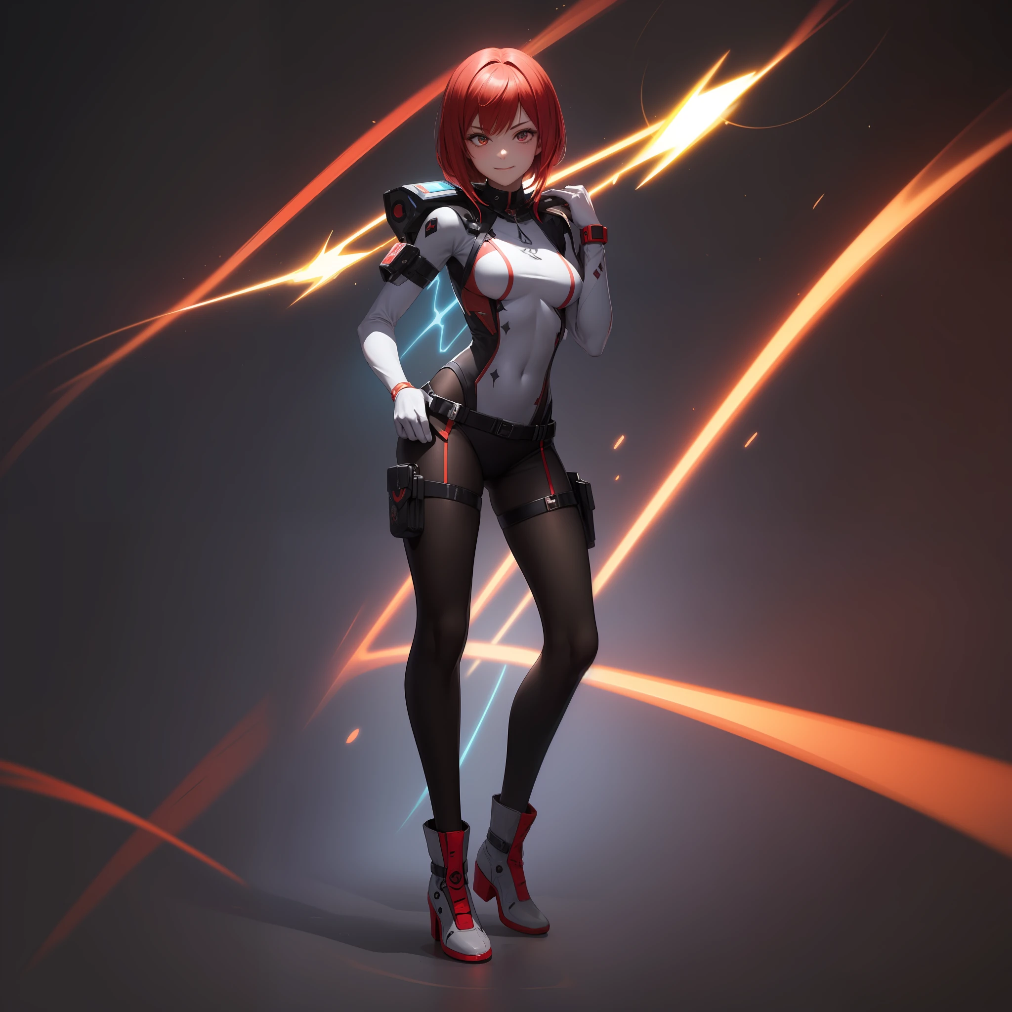 Full body depiction required. which are full of confidence, Strong will, Subtle manga-style smile, Sharp eye details, Neon colors、Red Angle Bob, Slender figure, japanese aesthetic. 「Psycheiko」, 「Blessed Child」A female attacker known as, Has the unique ability to mentally protect her companions. Dressed in clothes that blend the spiritual symbols of the future and countless religions, She brings a blend of modernity and mystery. Her aura is a fusion of fanatical energy and protective determination.TIME Traveler from 2180