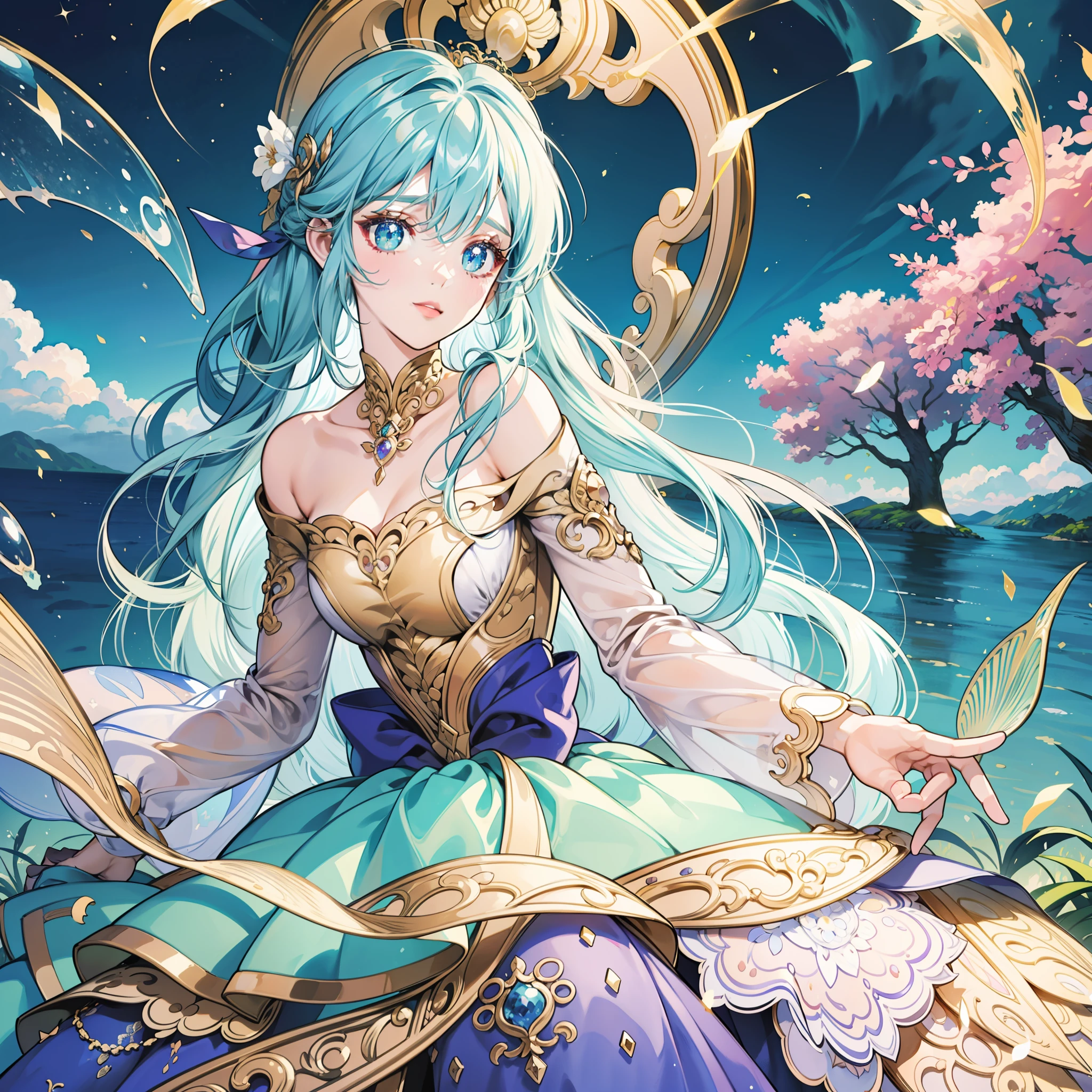 masterpiece, best quality, 8k resolution, sharp focus, intricate detail, beautiful girl, sparkling eyes, golden ratio face, otherworldly liquid, watercolor, ((pastel colors)), bright colors, whimsical, colorful, sharp focus, high resolution, fine detail, princess fantasy ballgown, ((round eyes)), iridescent bubbles, castle landscape in background