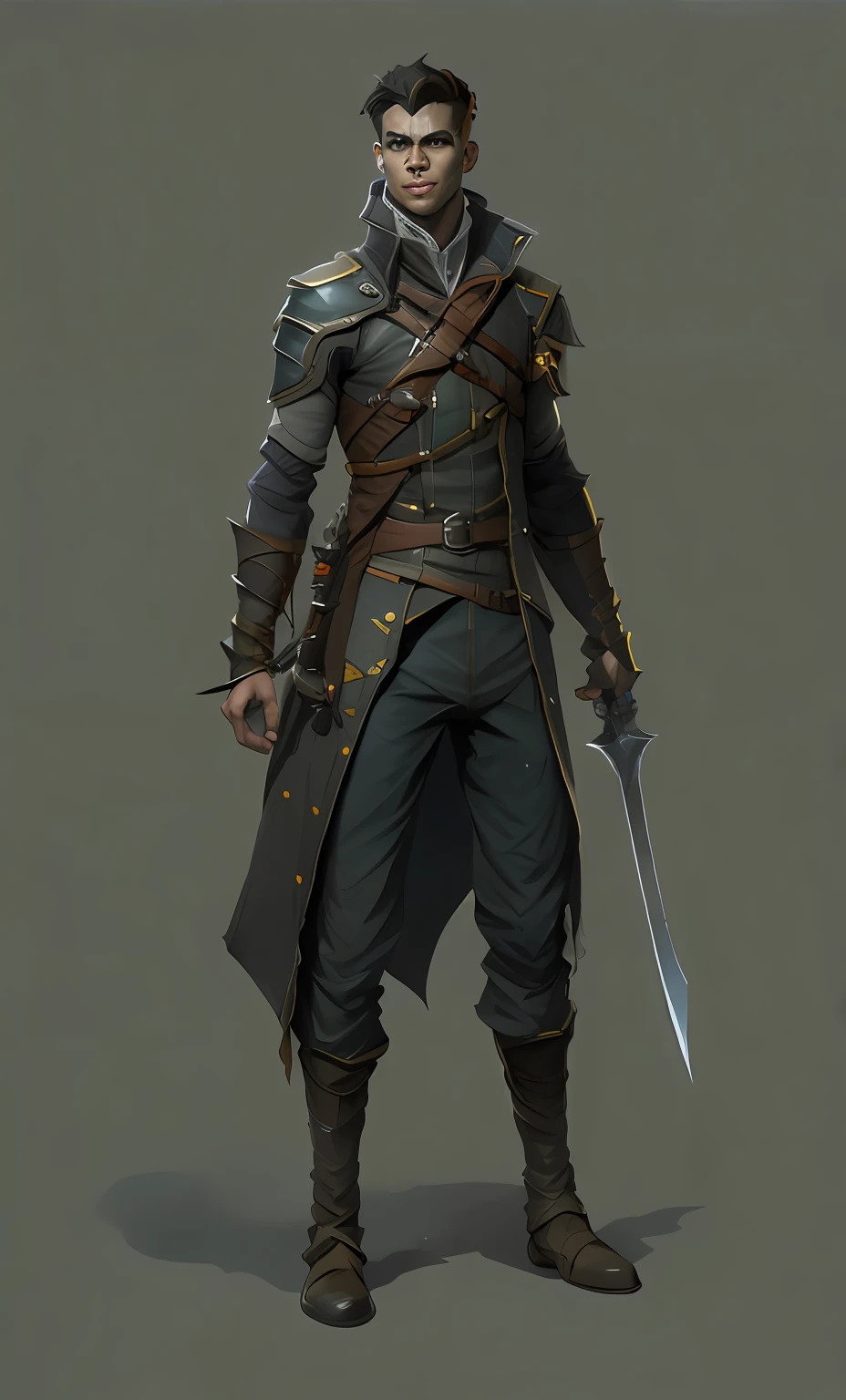 a close up of a person with a sword and a jacket, ( ( character concept art ) ), detailed full body concept art, single character concept art, full body concept, full body character concept, female assassin, concept art character, full body character concept art, full body concept art, video game character concept, character concept artwork, cinematic character concept art, male rogue, Tom Holland mixed with zendaya, handsome face, nose of Tom Holland
