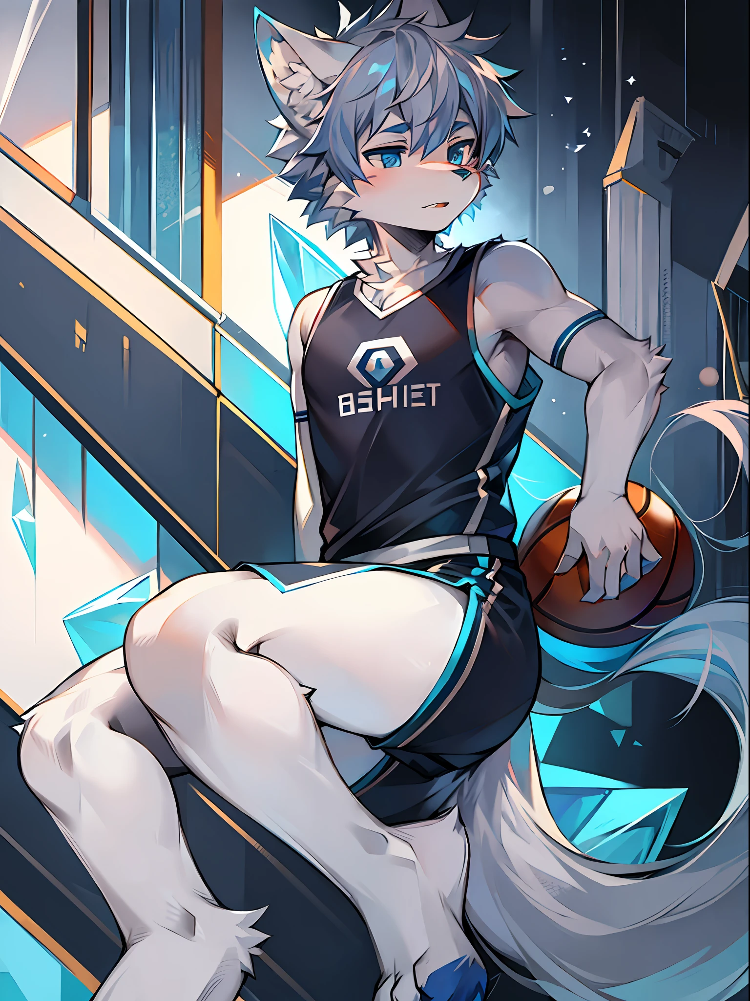 Furry，Wolf boy，White fur，crystal blue eyes，Single fluffy tail，greyt hair，short detailed hair，wearing basketball outfit,style of anime