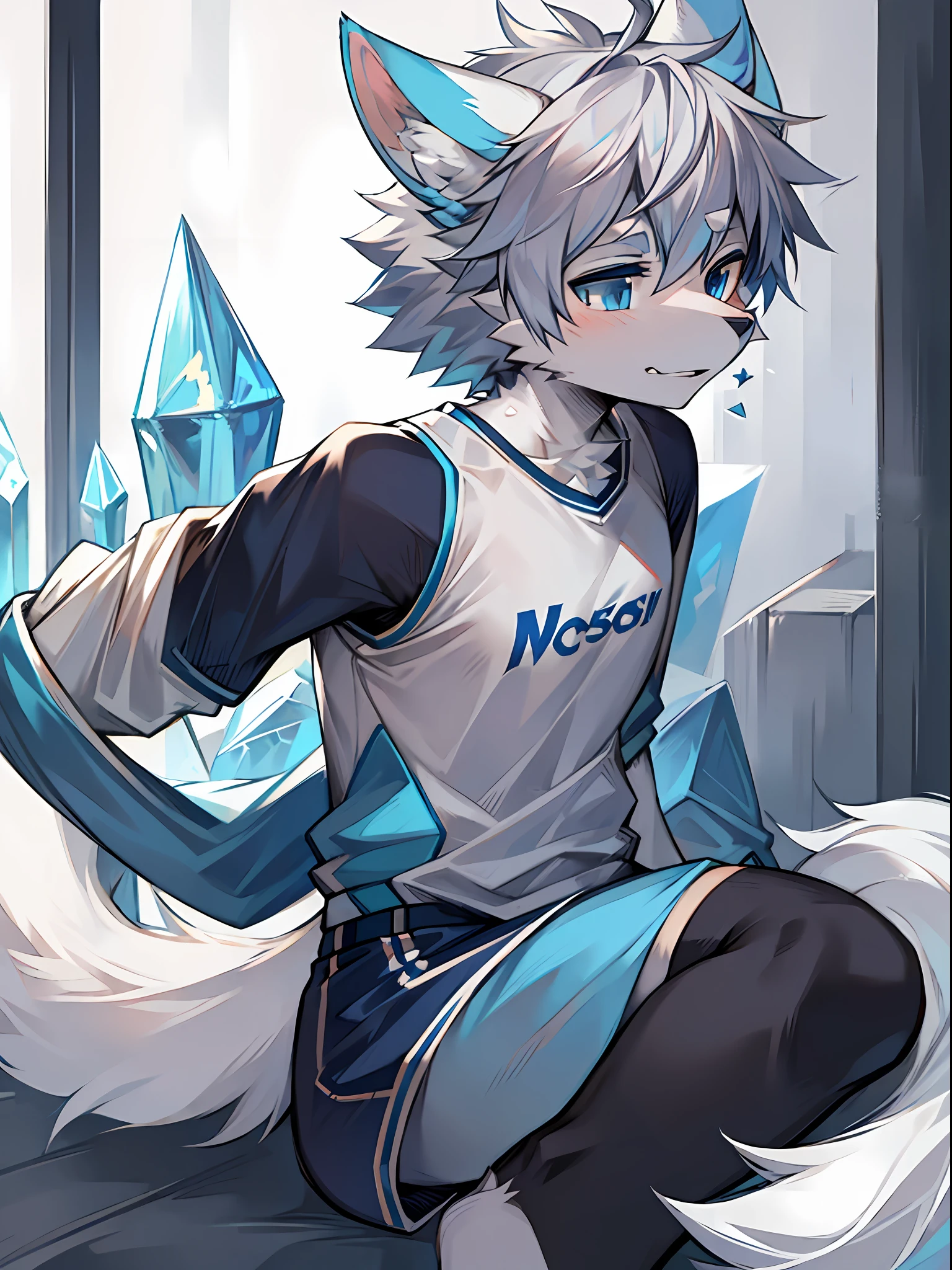 Furry,Wolf boy,White fur,crystal blue eyes,Single fluffy tail,greyt hair,short detailed hair,wearing basketball outfit,style of anime