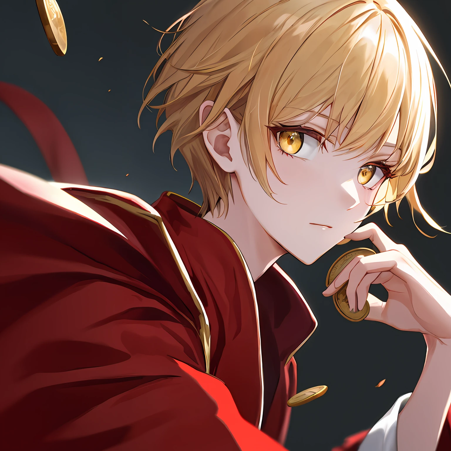 Unilateral bangs and yellow eyes,short detailed hair,solo,Red robe,Coins,face guard,mano