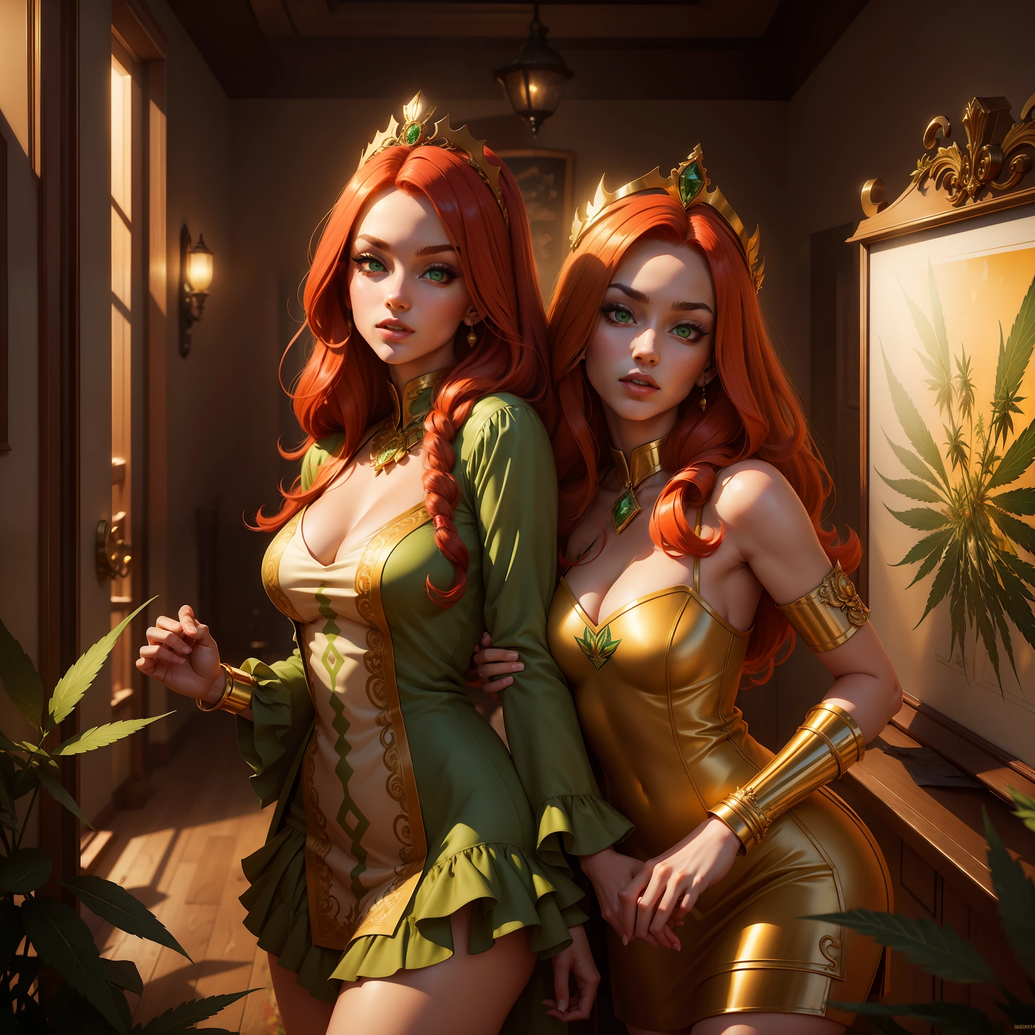 (masterpiece:1.2), original, masterpiece, best quality, official art, (extremely detailed 8k wallpaper), (extremely fine and beautiful:1.2), a girl queen of marijuana, beautiful face, red hair, green eyes, sexy pose looking hot, gold, weed, marijuana, flowers, a poster for marijuana, girl marijuana queen, short dress, concept art, sharp focus, cinematic lighting, illustration, best quality, beautiful face