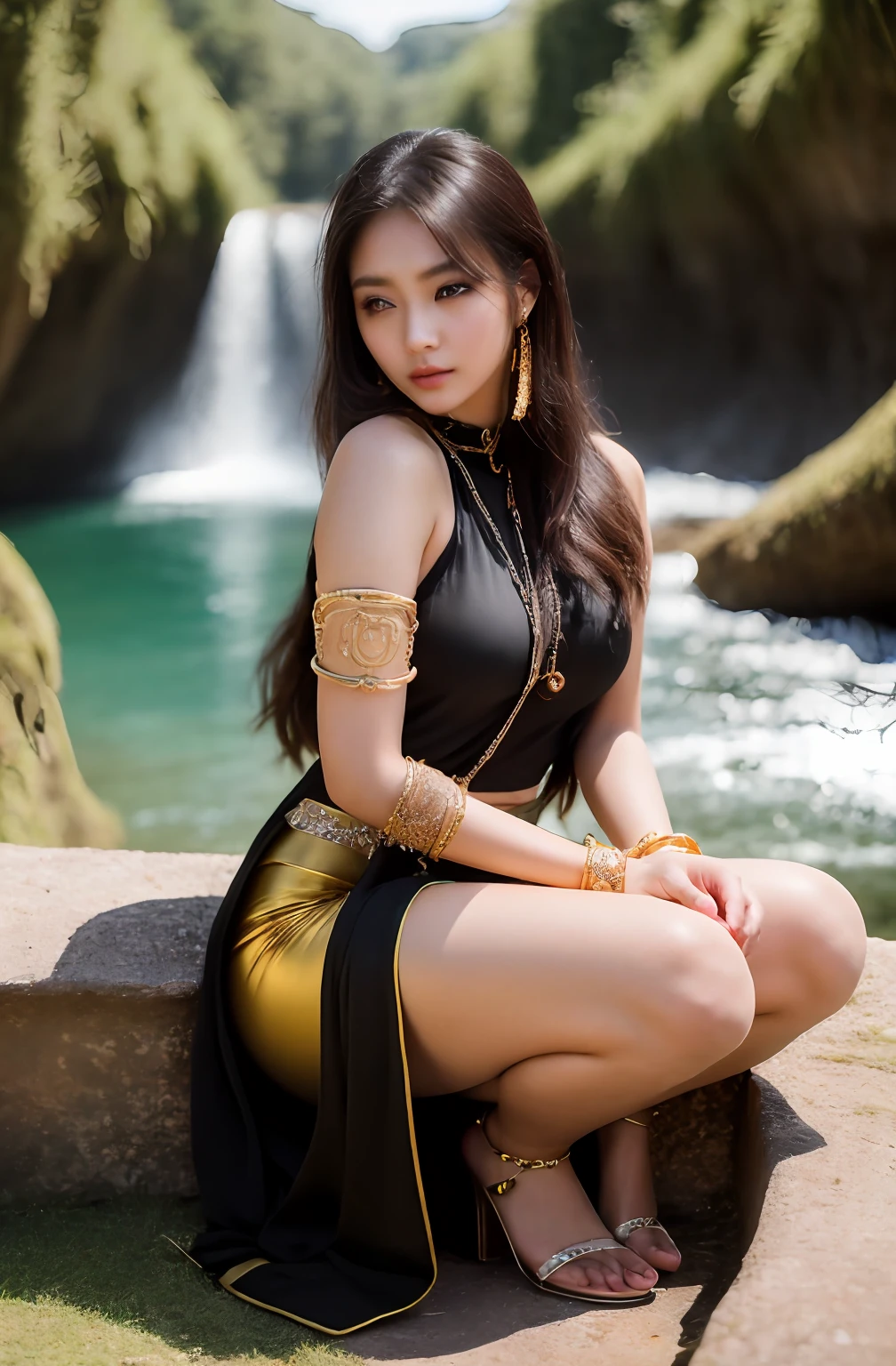 ((Realistic:1.5)),Ulzzang-6500:1.3，((Best quality)), ((Masterpiece)),((Detailed)),2girls,duo,{2 beautiful women}, (Upper body:1.3),Hug and touch each other, Tease your friend's waist, Breathless friends, Biting a friend's earlobe, crouched,super wide shot,Face focus, Long legs,Curvy, Barefoot,Wide hips, Thin legs, Oversized eyes,Long eyelashes, (Detailed face,beautidful eyes, detailedpupils,detailed clothes features, Clear background:1.3), (armlets, bangle:1.3), Mysterious ancient ruins, floresta exuberante, Deep canyon,bridge,River,cliff,Cloud,lakes,Rock music,Waterfalls, Flowers, Grass,grape trees,tree,bright detail,Sharp,Perfect compounding, Intricate, Sharp focus, Dramatic,