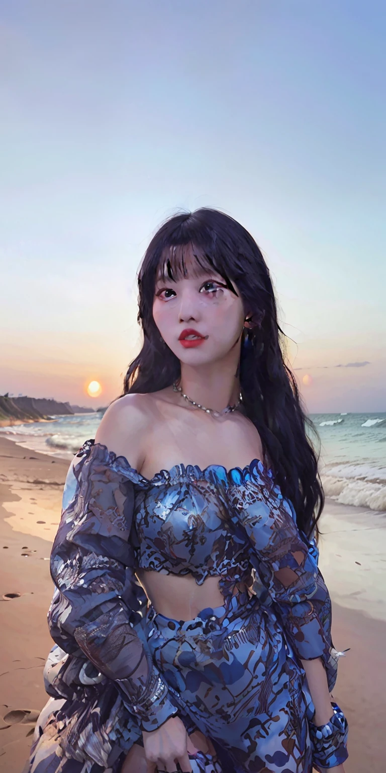 cover photo portrait of du juan, Woman posing with ocean on beach, bae suzy, Huang Ji inspiration, Kim Jong-hee inspiration, sunset backdrop, xision wu, xintong chen, chengyou liu, Shin Jinying