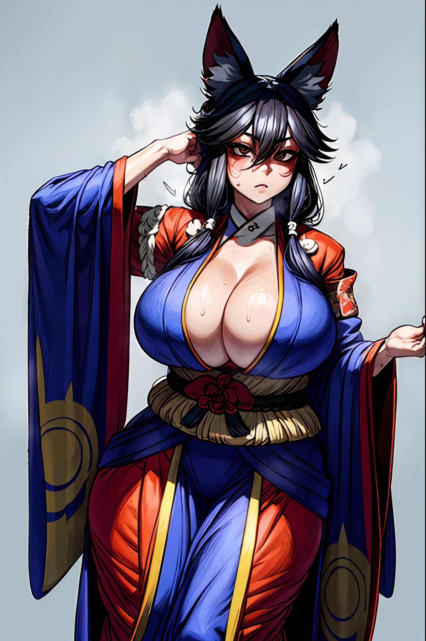 kitsune, 1tail, huge breasts, kimono, sweat