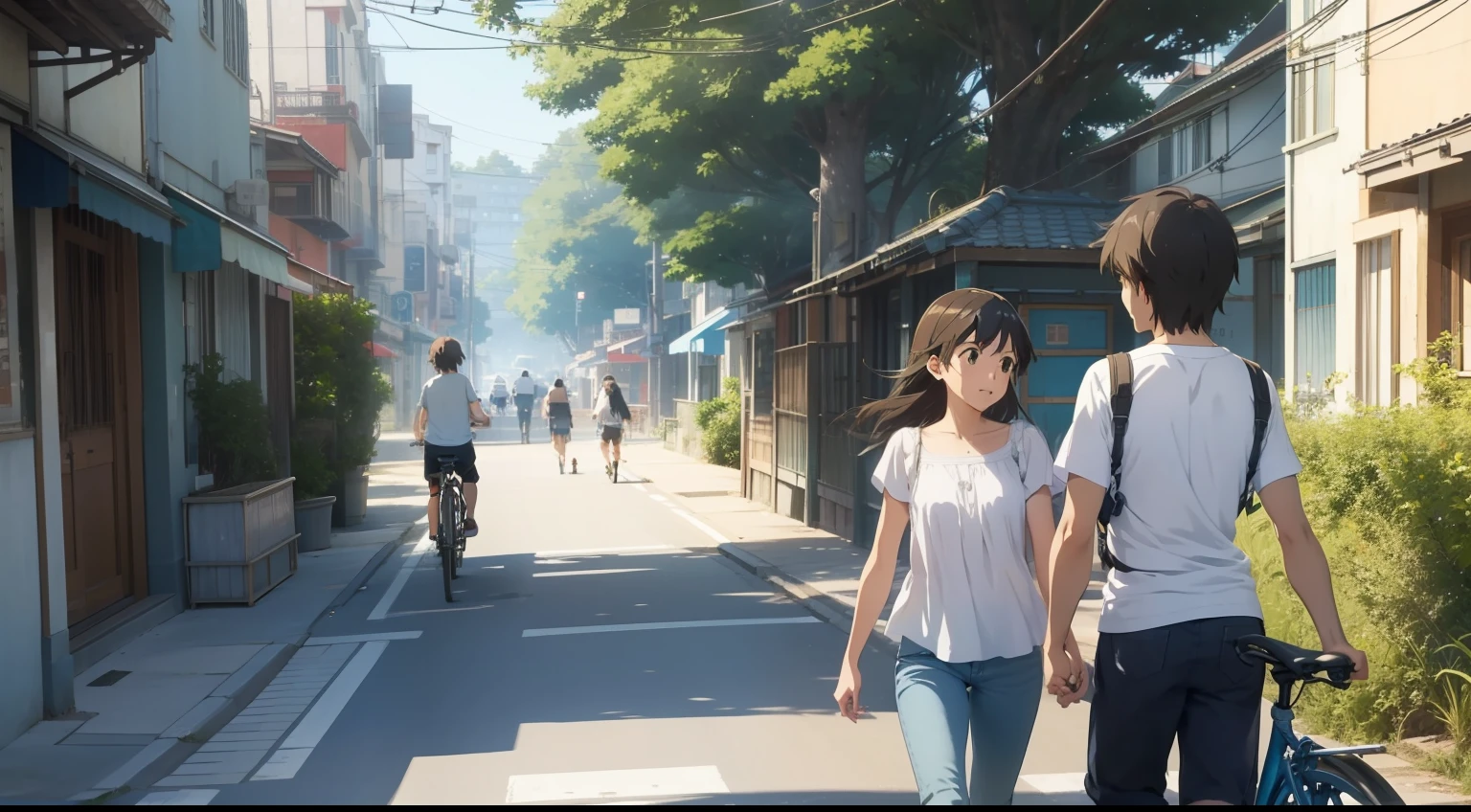 Daily life on the island as seen in Makoto Shinkai's works、sunny sky Lively streets、slope、people walking々、Couple riding two people on bicycles、top-quality、