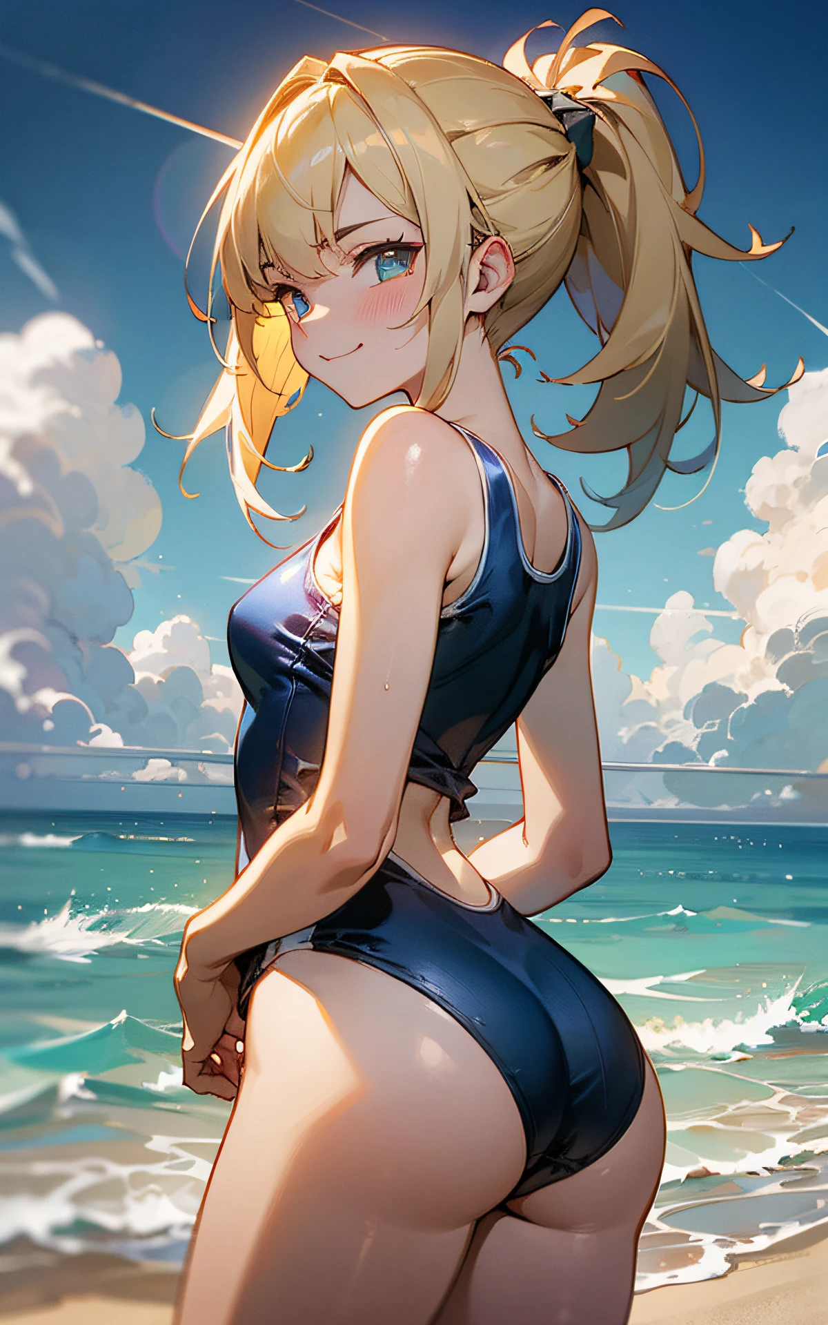 (Unity 16K Wallpaper, Masterpiece, Best Quality, Ultra-Detailed, Extremely Detailed CG, Caustics, Cinematic Lighting, Detailed, Beautiful Detailed Eyes, solo, vivid image quality, brighten the subject, beach),Ultra High Resolution, fine skin、sexy, (curby), nsfw,(school swimsuit:1.3), small breasts, smile, cowboy shot, fold arms, angry,stick out ass, back shot