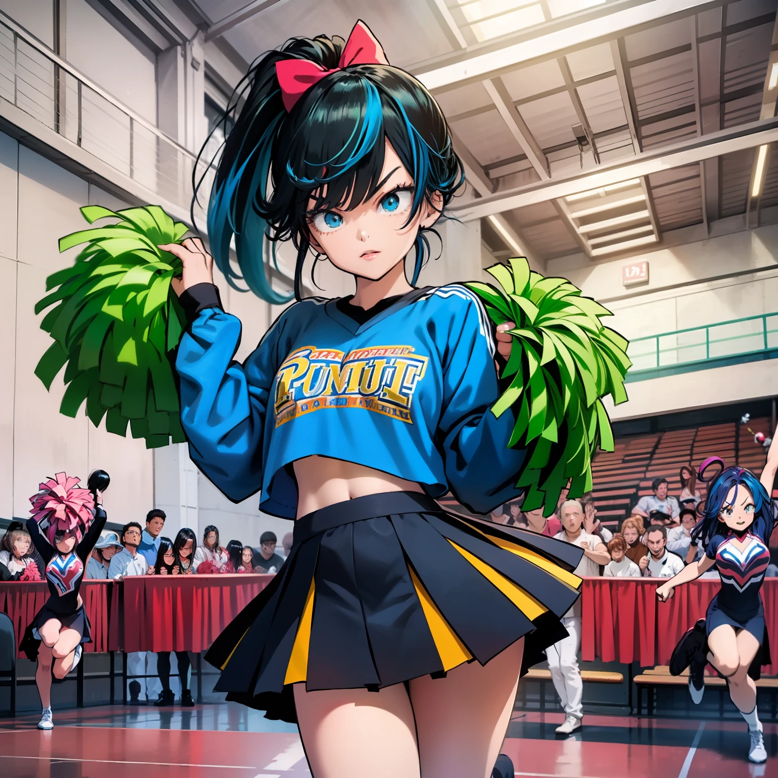 A dark-haired、Blue-haired、Lily、angry expressions、((cheerleaders))、((two tone hair))、Black and blue hair、((poneyTail))、drooping eyes、Jumping、((Standing on one leg))、cheerleader pom pom、Sports hall、((Looking at Viewer))、((one girls))