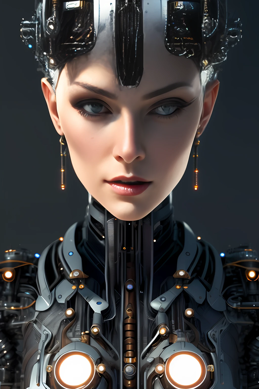 full body cyborg| full-length portrait| detailed face| symmetric| steampunk| cyberpunk| cyborg| intricate detailed| to scale| hyperrealistic| cinematic lighting| digital art| concept art| mdjrny-v4 style
