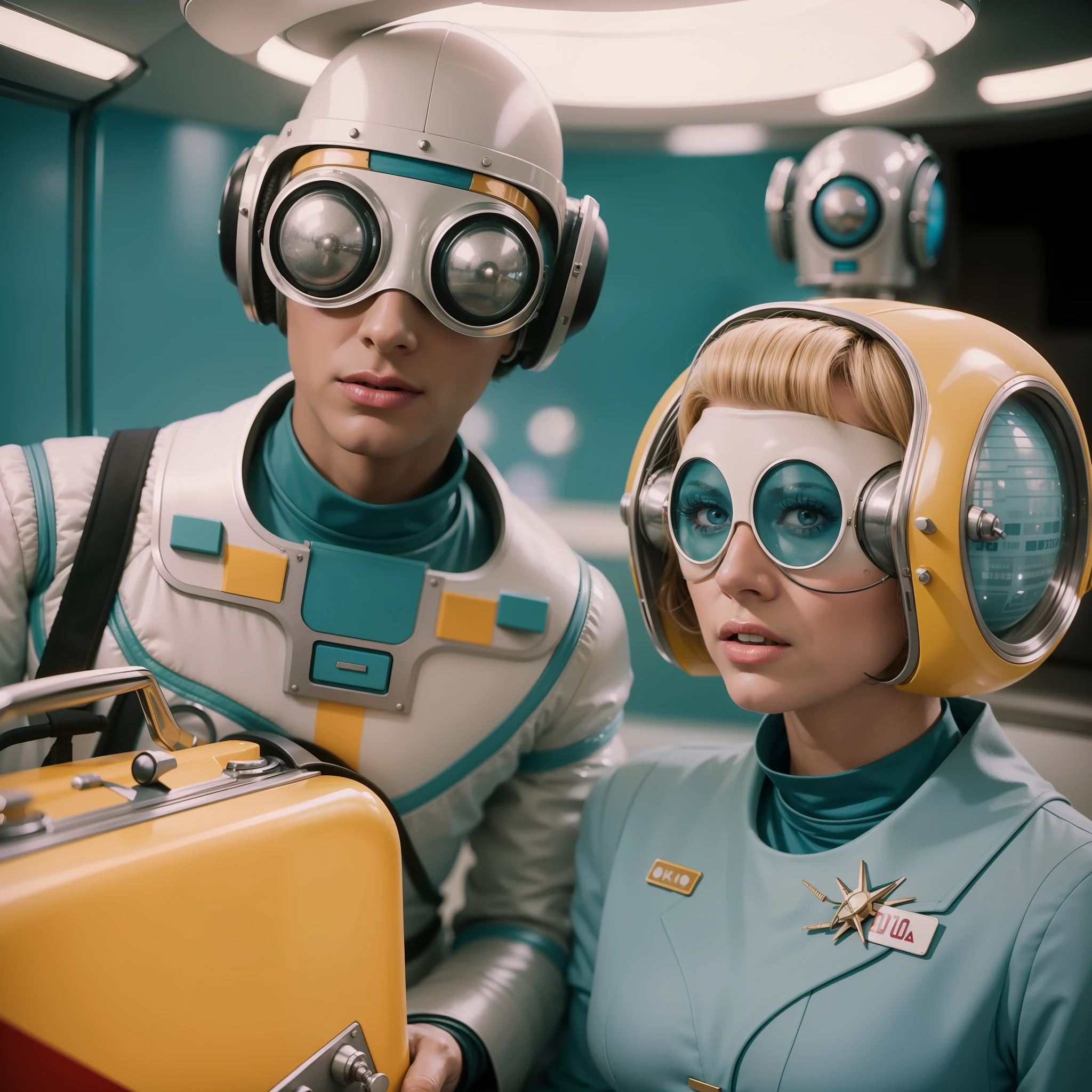 4k image from a 1960s science fiction film by Wes Anderson, Filme O Grande Hotel Budapeste, pastels colors, A man and a woman wearing retrofuturistic alien masks and holding colorful suitcases and chests on the bus, Retro-futuristic fashion clothes from the 60s with old robots, Luz Natural, Psicodelia, futurista estranho, retro-futurista, photo-realistic, Sharp background details.