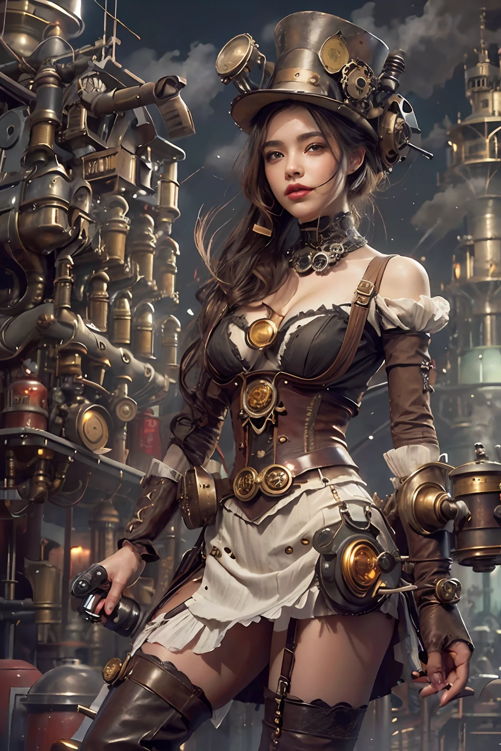 1 soldado mulher etnia europeia, Loire, bonita com SAIA DE COURO,  corselet strong mechanical corset, Foto corpo inteiro frontal realista, melhor qualidade, obra-prima, super high res, master part,melhor qualidade,fotorrealista,melhor sombra,delicado,.....RAW,ultra high-resolution,Arte hiper-realista,gallery-grade work,Arte Oficial,wallpaper forced,64 mil,,ultra precise,visualmente impressionante,Obra-prima sublime,peak clarity,1 enorme cidade Steampunk,High-rise buildings covered by behemoth-like mechanical devices,show a scene of sharp contrast,Uma camada de nuvens subindo desordenadamente sobre a cidade,Huge steampunk buildings,The surface is covered with complex gears and mechanical devices,(eyesight,full view,corpo inteiro:1.2),(Nas paredes da cidade Steampunk ,Handheld Steam Gun,Guard the safety of the city:1.2),Steampunk,dirigible, Steam robot,