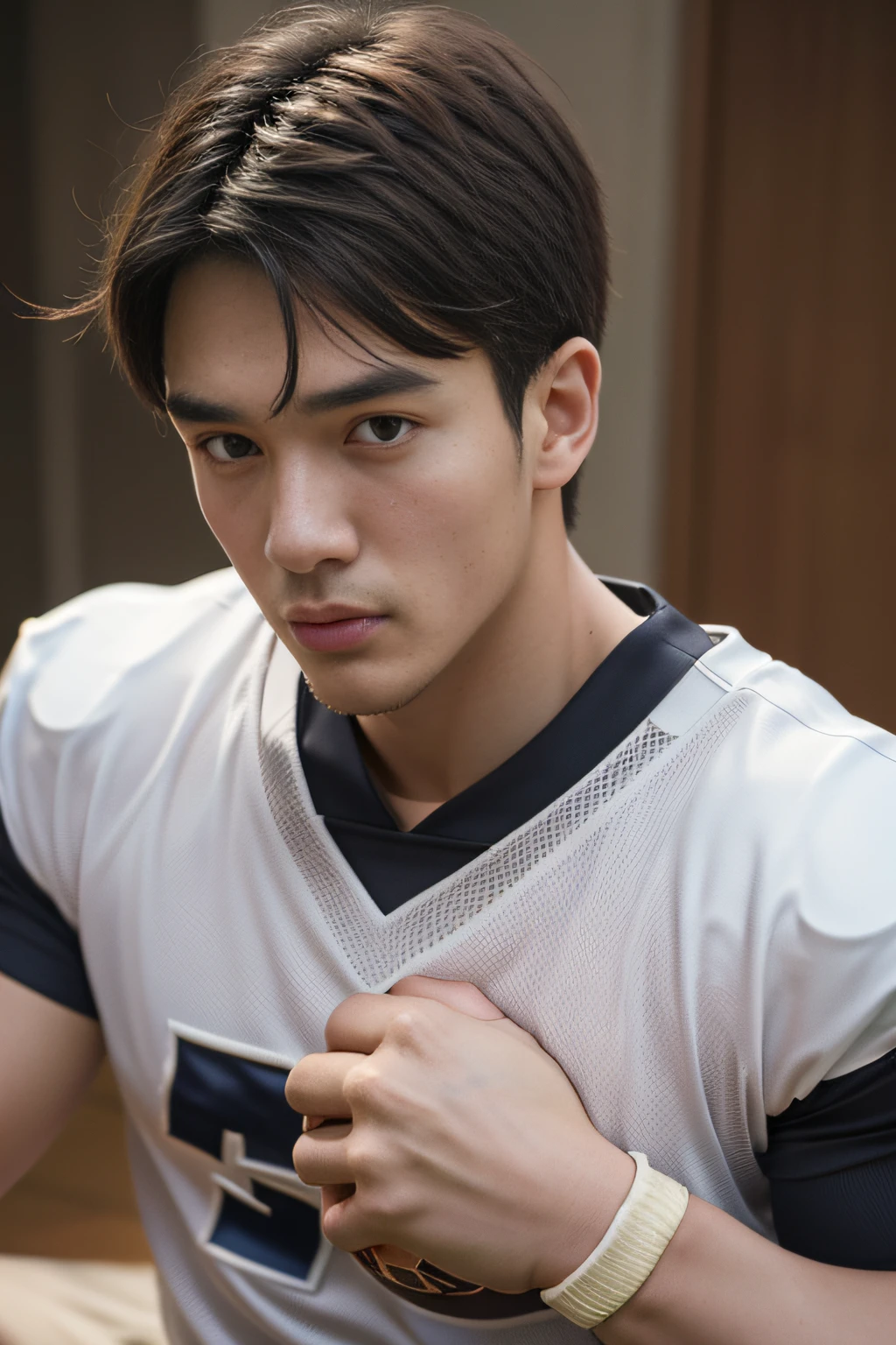 top-quality、​masterpiece、超A high resolution、(realisitic:1.4)、详细的脸、独奏、１human male、The upper part of the body、Dark hair、glistning skin、dense skin、(asian human)、architectural、(absurderes、hight resolution、ultra-detailliert)、、1 male、Adults、(a 25-year-old man)、a handsome、tall muscular man、broad shoulder、extra very short hair、angular jaws、thick neck、thick eyebrow、extra very short hair、A dark-haired、fine eyes and detailed face、 Highly detailed CG Unity 8K wallpapers、intricate-detail、(Style Swirl Magic:0.7)、looking at the spectator、独奏、(full body Esbian:0.6)、细致背景、A detailed face、dynamicposes、、Urban background、dynamic compositions、 big muscle、、((((Crotch bulge))))、a handsome、 ((masutepiece:1.4, Best Quality)), ((masutepiece, Best Quality)), (photographrealistic:1.4)、(((football player)))、uniformss、sports wear、Sprawl、From  above、Outstretched arms、irate、a bed、disheveled underwear、Rough breath、Sexual facial expressions