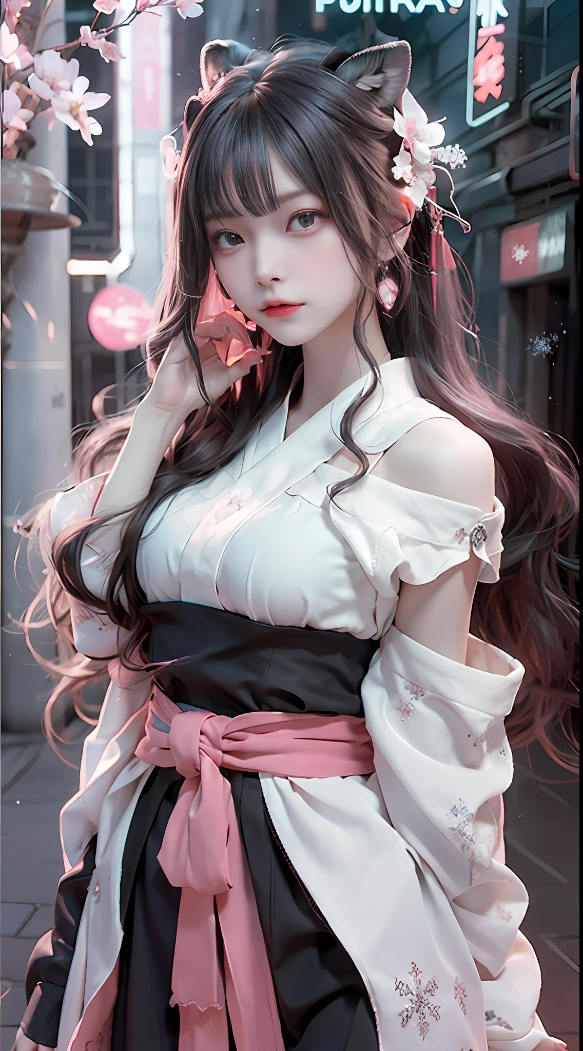 ((best qualtiy)), ((tmasterpiece)), (detail:1.4), Beautiful cyberpunk Japan woman image,,(Photograph the whole body),nffsw(HighDynamicRange),Ray traching,NVIDIA RTX,Hyper-Resolution,illusory 5,Sub-surface scattering,PBR Textures,post processed,Anisotropy Filtering,depth of fields,maximum definition and sharpness,multi-layer texture,Albedo e mapas Speculares,Surface Coloring,Mitsu-Accurate simulation of material interactions,Perfectly proportioned,rendering by octane,Two-colored light,Large aperture,Low ISO,White Balance,Rule three points、8K raw data、Beautiful bright red pupils,Cyberpunk Priestess Uniform,Off-the-shoulder clothing,Crimson Hakama,Pink gradient on pure white hair,Delicate face and eyes,with round face, drooing eyes, long eyelasher,Blushlush,Delicate and fluffy hair,lip,pure,Cute face,Sweet girl,Artistic sense,Casual wear,Advanced Sense,Snowflake,flower petals,Snowflake, Briar snow background, Beautiful Hair Accessories,long hair and waist,Hair fluttering in the wind,Snow White cat ears, Curly