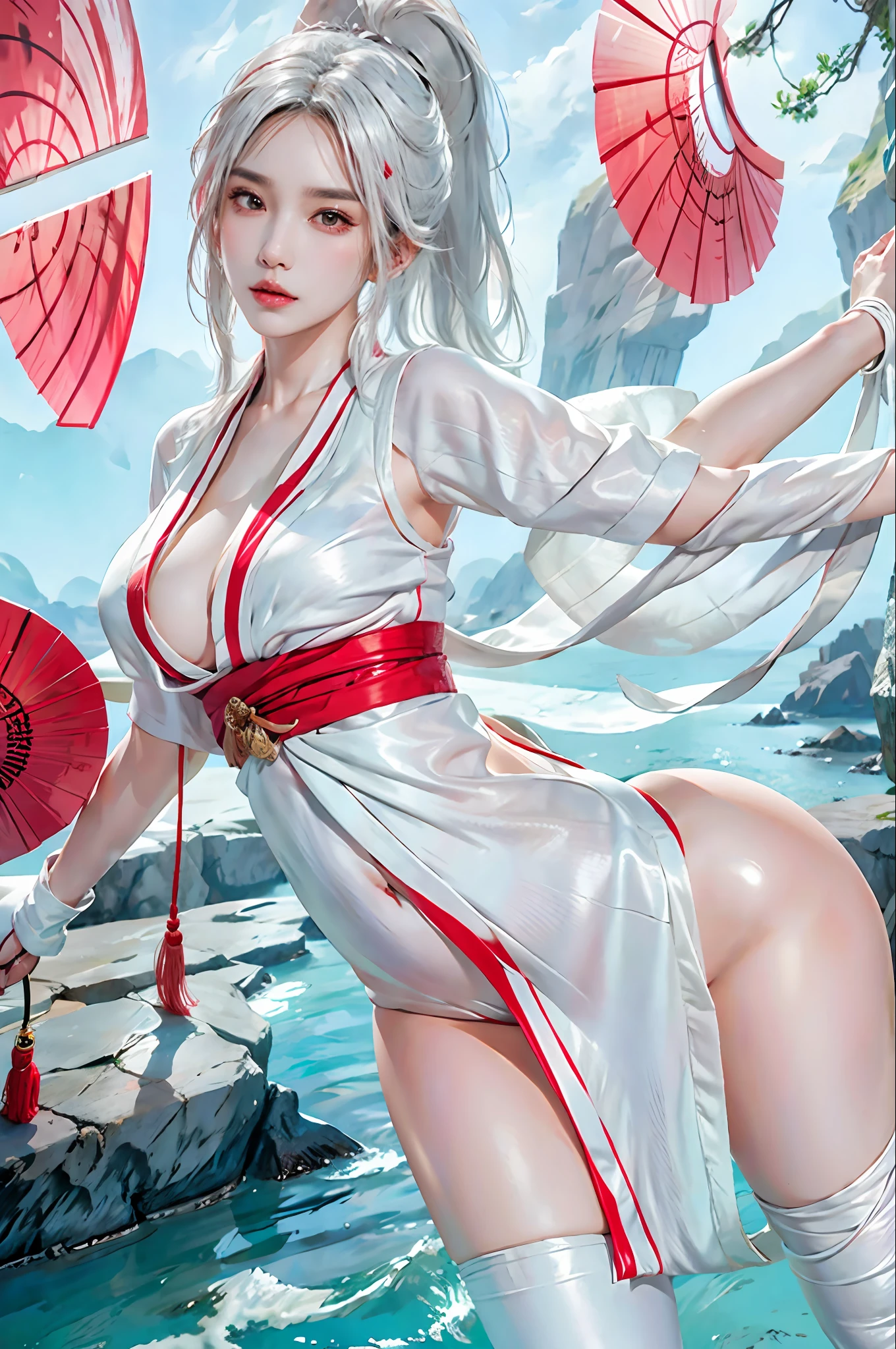 photorealistic, high resolution, 1women, solo, hips up, look at viewer, (detailed face), white hair, long hair, shiranui_mai_suit, pelvic curtain,hand fan