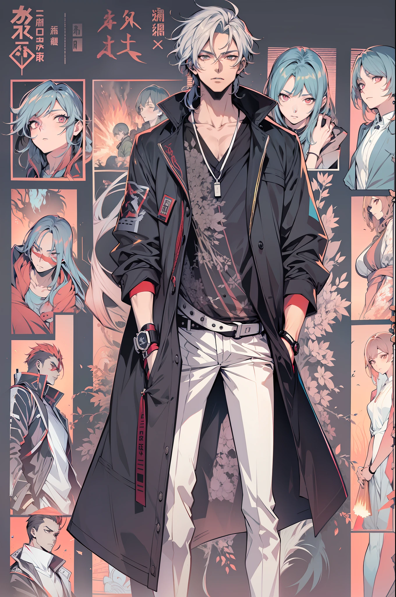 Anime guy in stylish modern clothes. higly detailed, 电影灯光, Contour illumination, high contrast, Dark colors, Bright light source