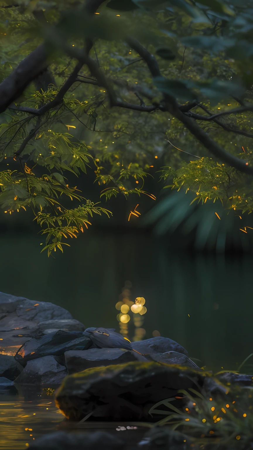 There is a bird sitting on a rock close to the water, Primetime fireflies, golden orbs and fireflies, golden fireflies lights, fireflies glowing, bokeh on side of the river, lights with bloom, glowing firebugs, among wonderful golden fireflies, Fireflies fly in the forest, tiny fireflies glowing, Natural lighting,Chinese courtyard,Noticeable depth of field,The relationship between the before and after scenes,There are balustrade plants in the background,Bright light