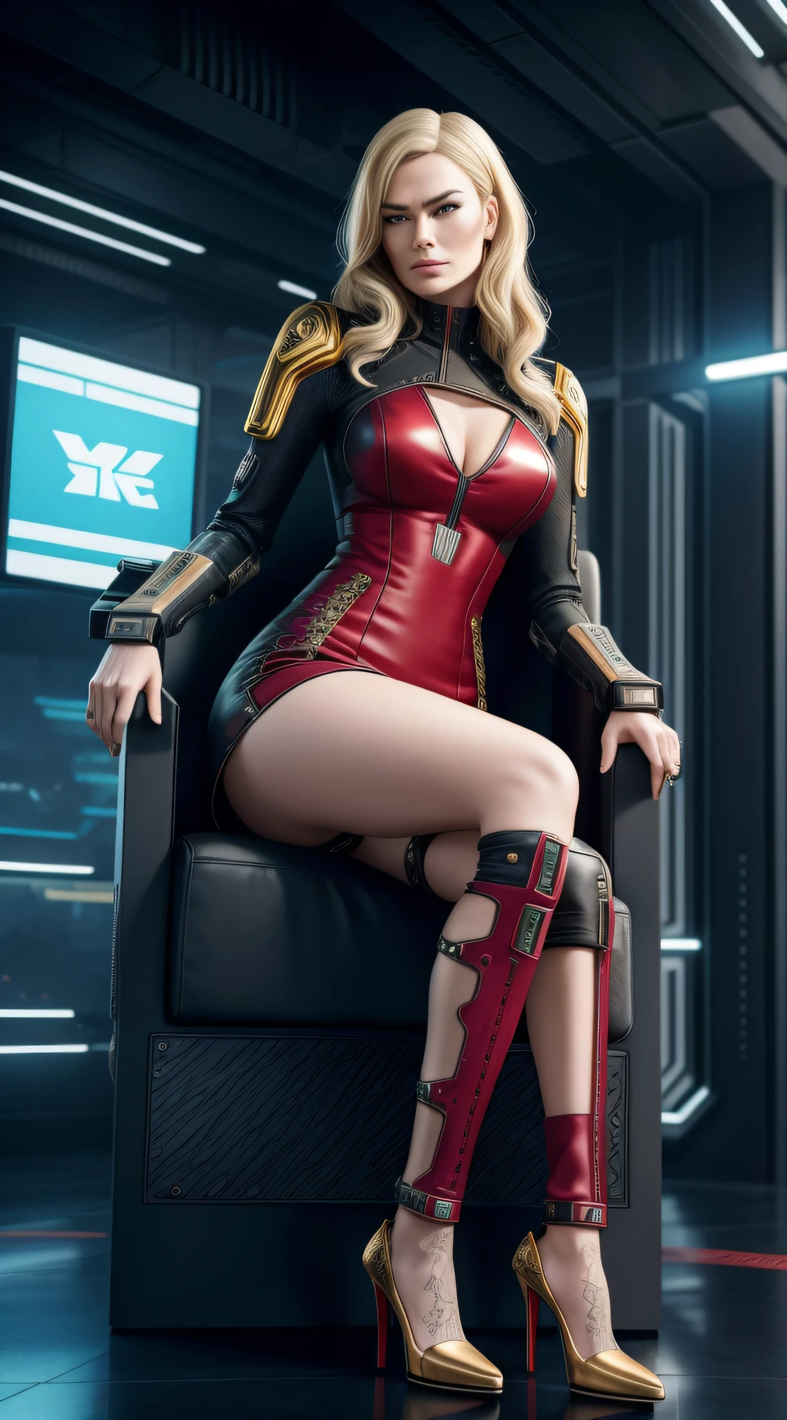 Lena Headey as cyberpunk Ms. president, sitting foot to foot on cyberpunk armchair, long wavy blonde hair, makeup, red short office cyberpunk dress with gold patterns, cyberpunk high heels, cyberpunk style, full body render, fine detail, hyper realistic, HD, 4K, definition, texture, perfect detail, perfect face, beautiful, hyperrealism, trending on artstation