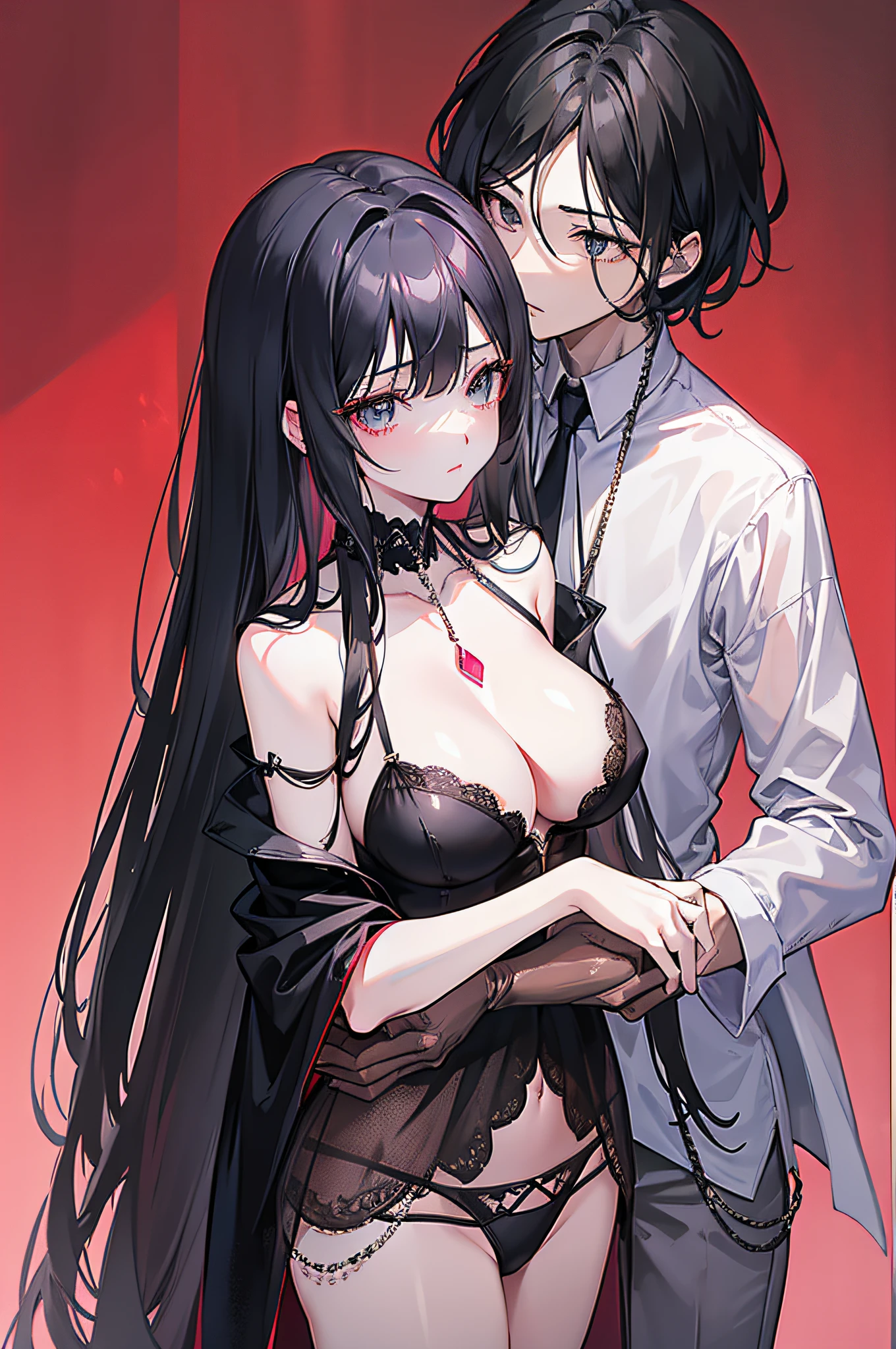 25 year old couple,Royal sister,black color hair,Thin iron chains are wound,transparent white shirt,blacksilk,Erotic lingerie,Be red in the face,Pink lips,The background is minimalist,8K masterpiece
