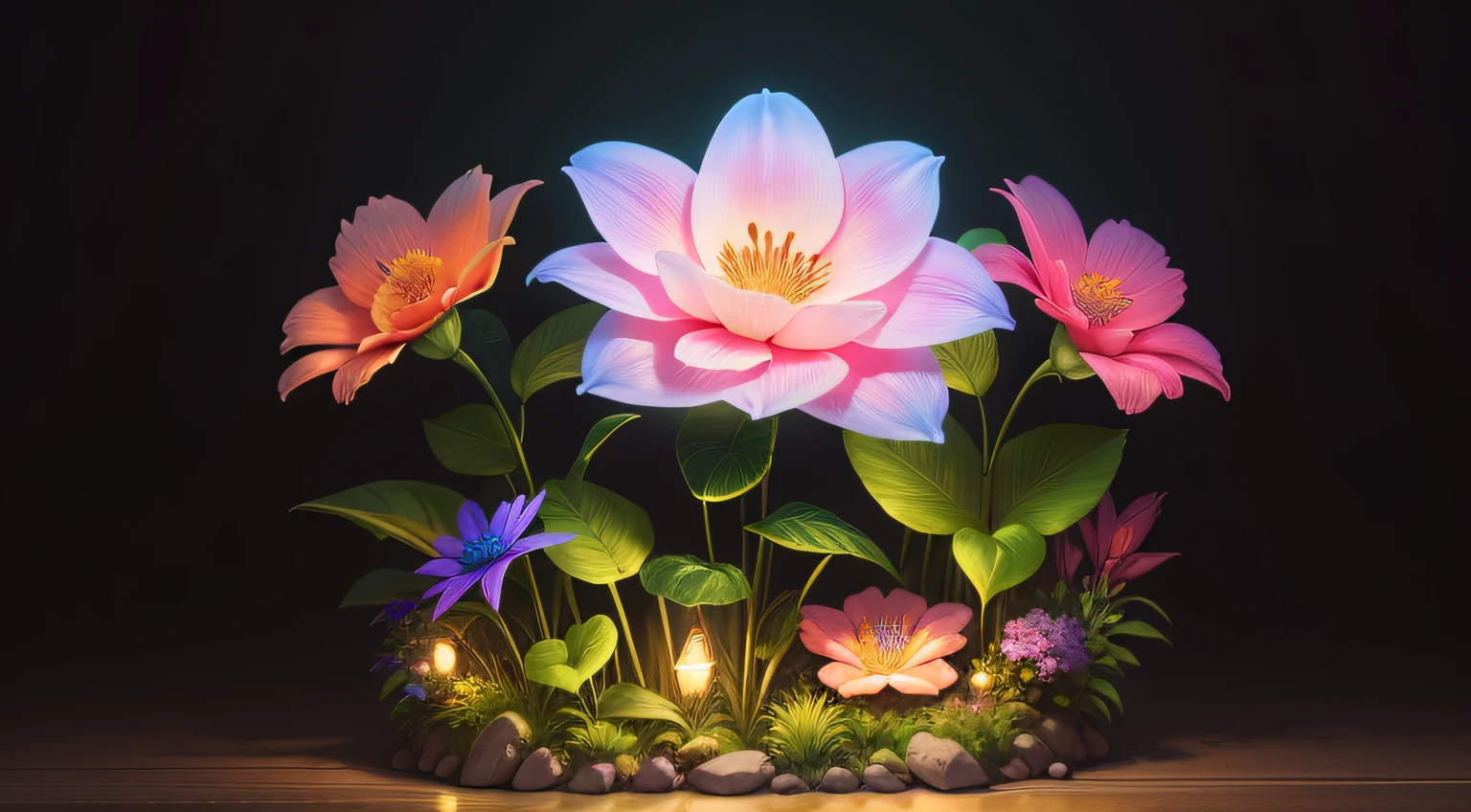 High-quality graphics,HD,fantasy jungle,colored flowers,Large flowers,with light glowing,glowworm,
