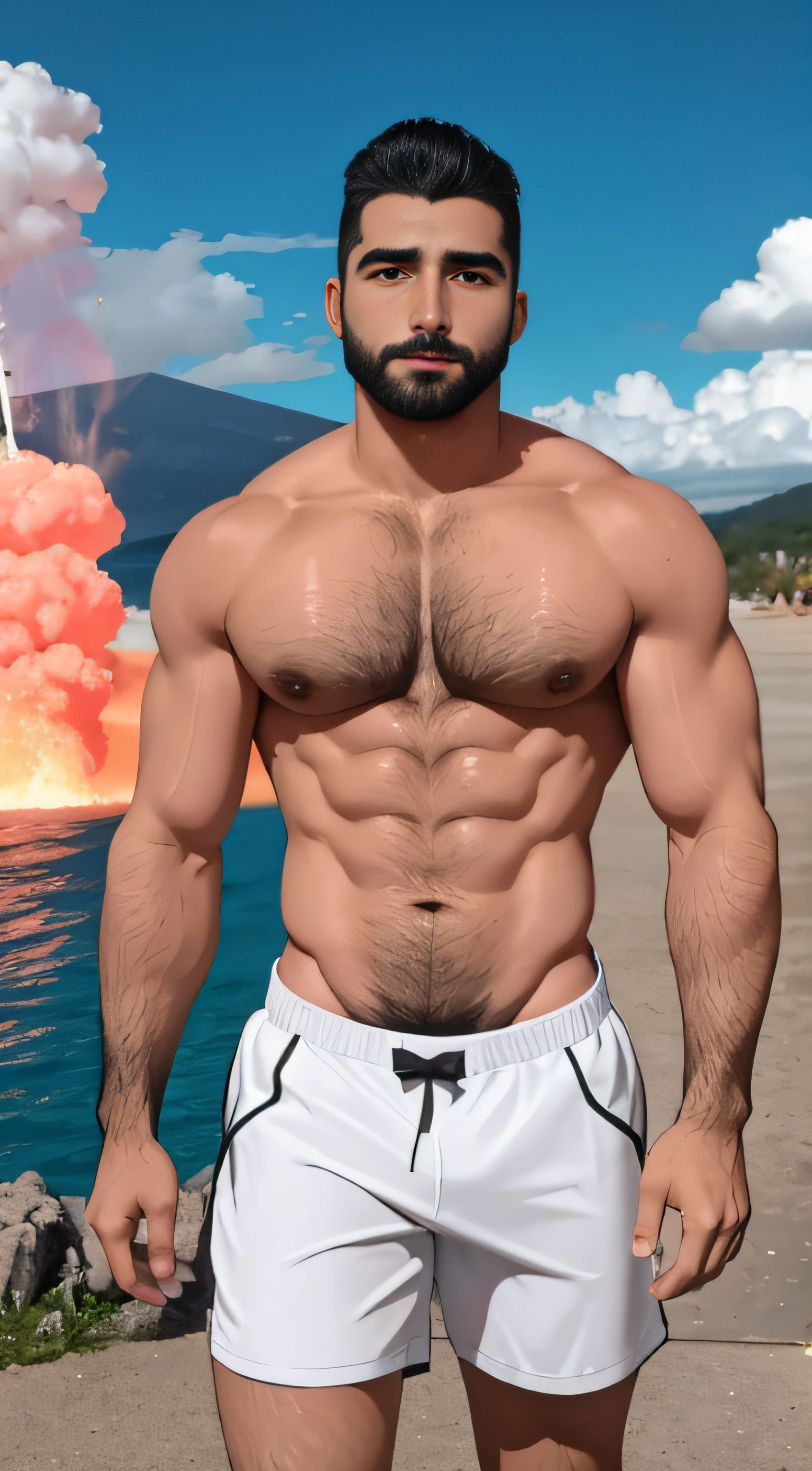 barbado, Shirtless man standing in front of a super volcano, Super buff y cool, pecho peludo y cuerpo peludo, pecho peludo, Pelo en el pecho, 30 years old man :: atletic, pecho peludo desnudo, vello escaso en el pecho, cuerpos peludos, torso peludo parcialmente masculino, inspirado por Maluma