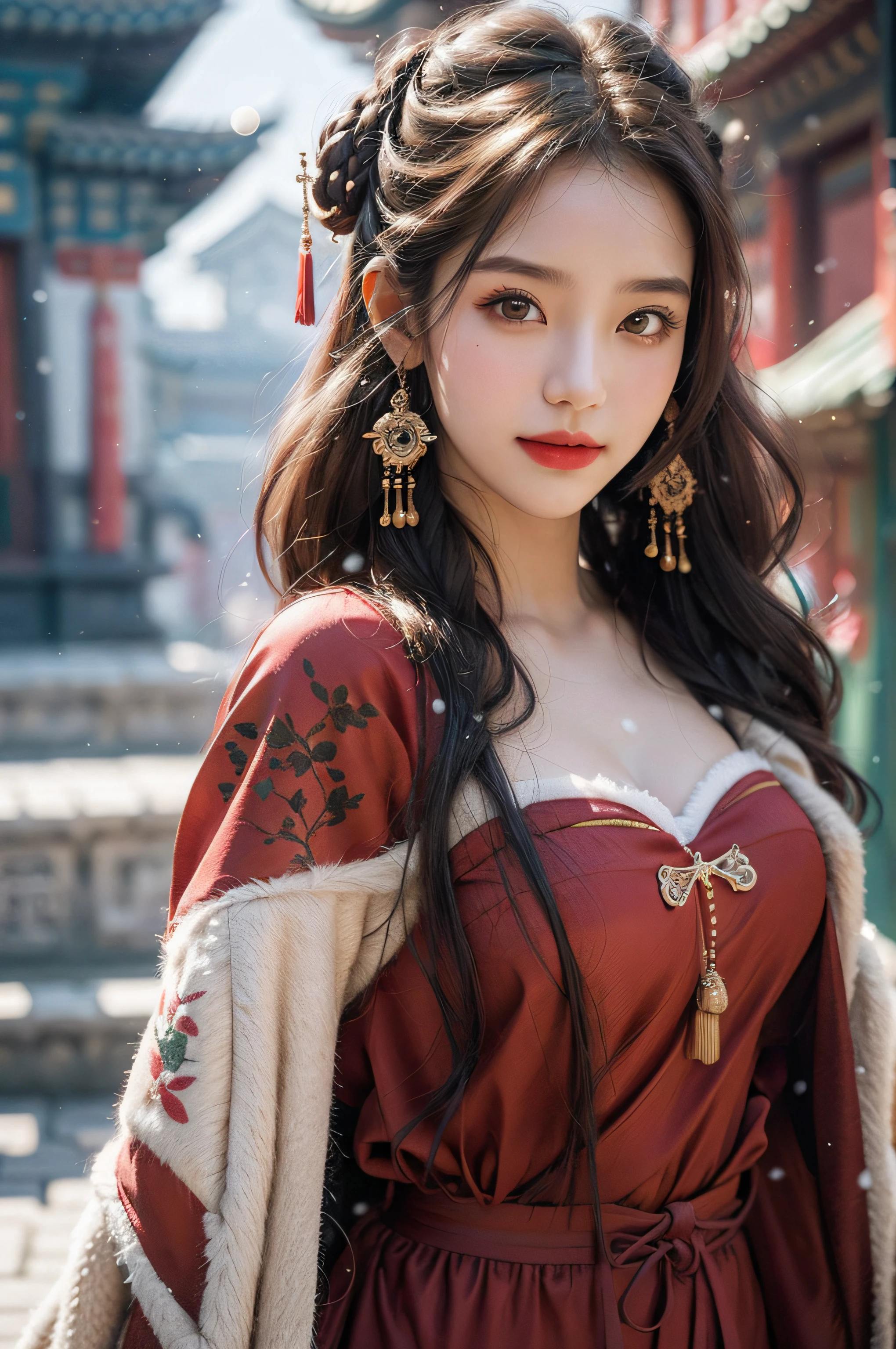 (Masterpiece), (absurderes), Cowboy shot, Shiny skin, Girl, Solo, pupils sparkling, long eyelasher, Closed mouth, Light smile, Long hair, Striped hair, Wavy hair, Chinese costume,Red cape，view the viewer, self-shot, (Snow，Ancient temple), Cinematic lighting，(Ultra-realistic textile textures)，