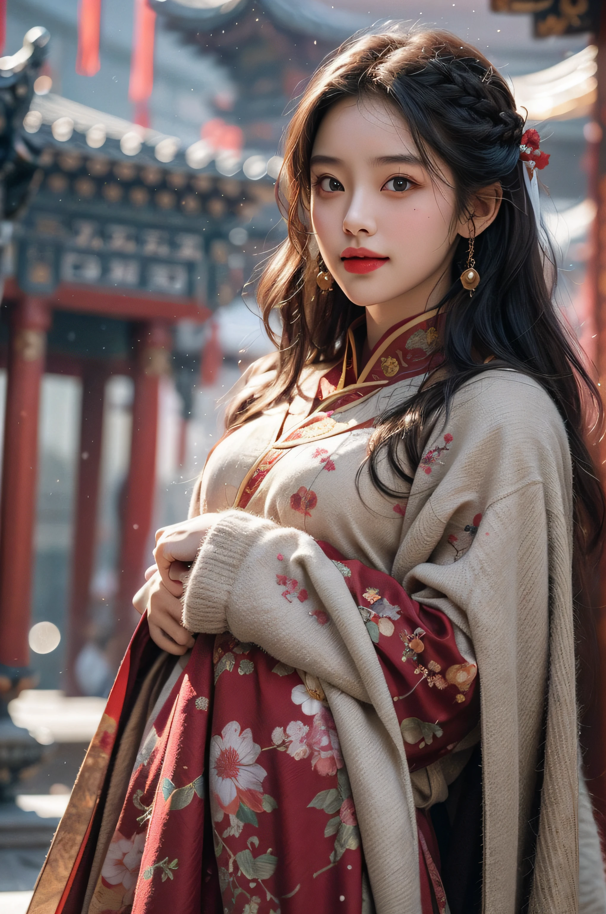 (Masterpiece), (absurderes), Cowboy shot, Shiny skin, Girl, Solo, pupils sparkling, long eyelasher, Closed mouth, Light smile, Long hair, Striped hair, Wavy hair, Chinese costume,Red cape,view the viewer, self-shot, (Snow,Ancient temple), Cinematic lighting,(Ultra-realistic textile textures),