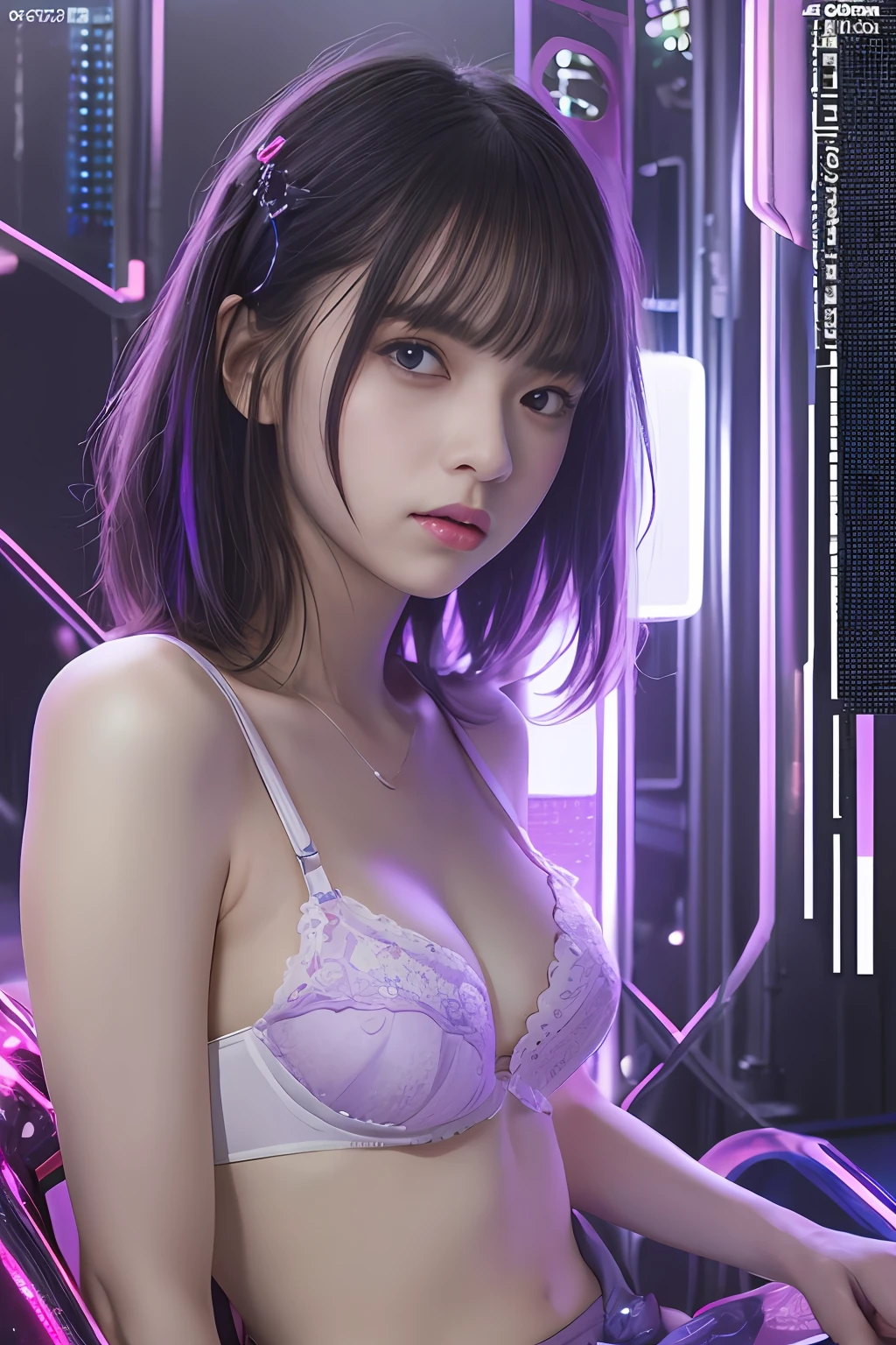 top-quality、masterpiece、超A high resolution、(Photorealsitic:1.4)、Raw photo、女の子1人、13years、Black hair、glowy skin、((super realistic details))、portlate、globalillumination、Shadow、octan render、8K、ultrasharp、Colossal tits、White Mini Bra、highly intricate detail、Realistic light、CGSoation Trends、a purple eye、radiant eyes、Facing the camera、neon details、sitting on、Futuristic hair ornament、Gundam、Small LED lamp、Purple neon lighting、
