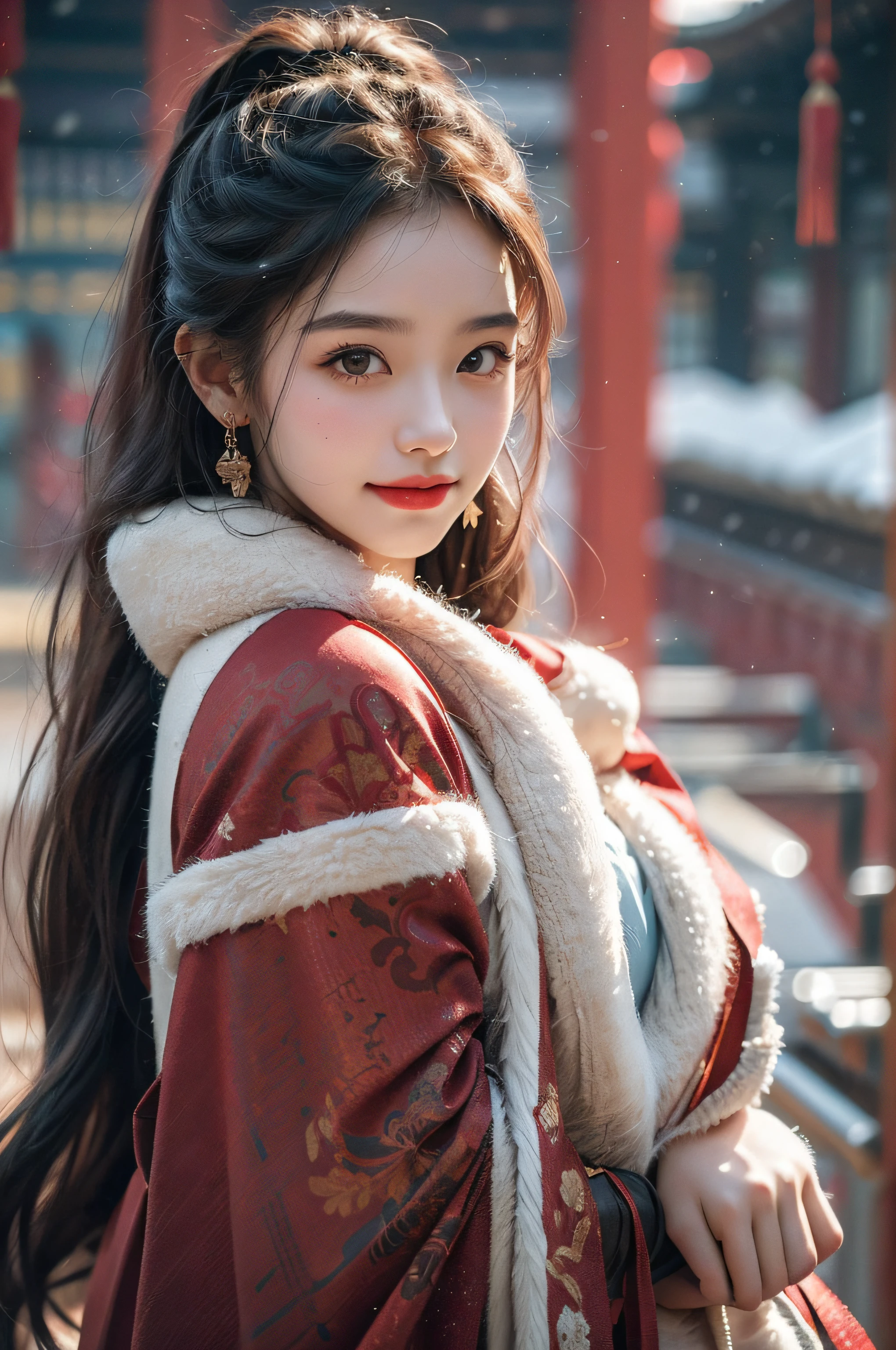 (Masterpiece), (absurderes), Cowboy shot, Shiny skin, Girl, Solo, pupils sparkling, long eyelasher, Closed mouth, Light smile, Long hair, Striped hair, Wavy hair, Chinese costume,Red cape,view the viewer, self-shot, (Snow,Ancient temple), Cinematic lighting,(Ultra-realistic textile textures),
