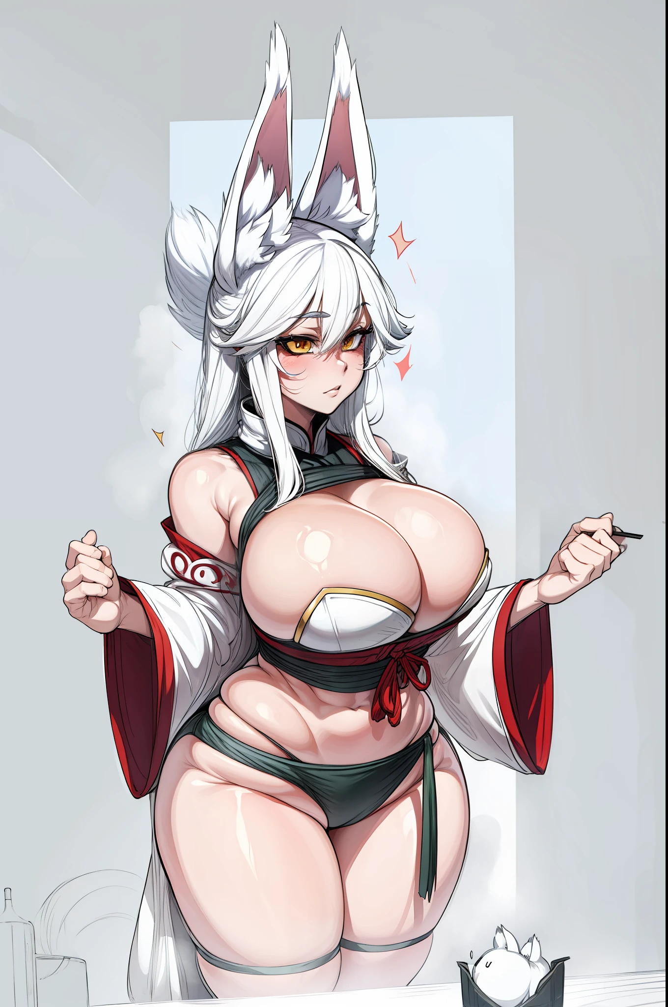 kitsune, wide hips, huge breasts, confused