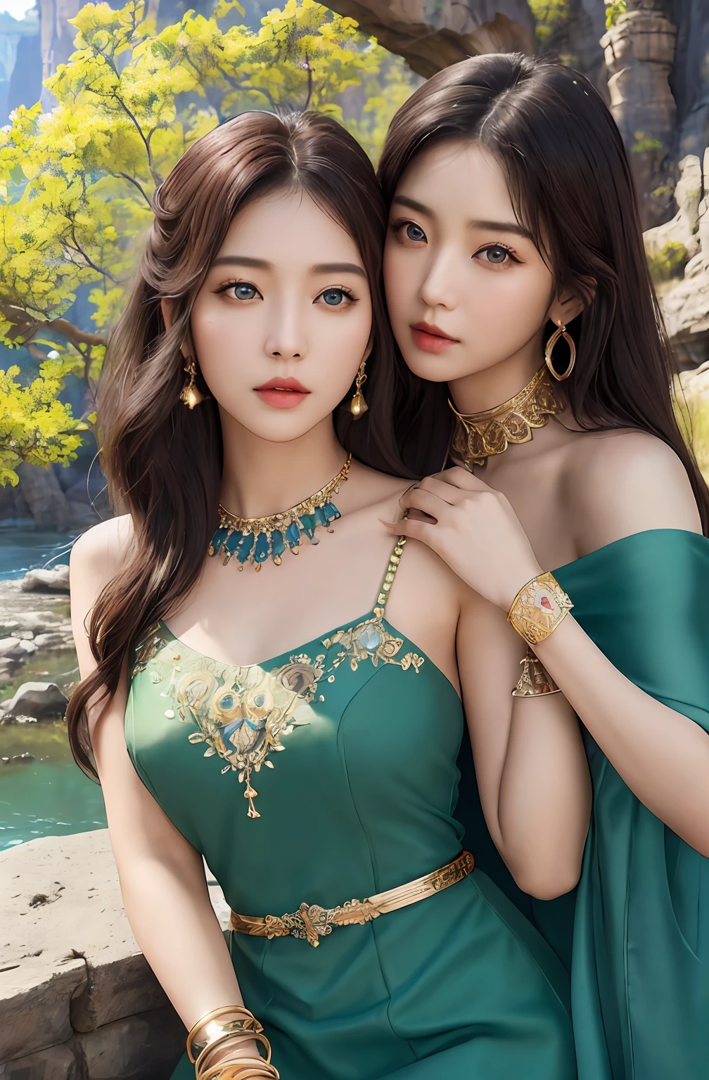 ((Realistic:1.5)),Ulzzang-6500:1.4,((Best quality)), ((Masterpiece)),((Detailed)),2girls,duo,{2 beautiful women}, (Upper body:1.3),Hug and touch each other, Tease your friend's waist, Breathless friends, Biting a friend's earlobe, crouched,super wide shot,Face focus, Long legs,Curvy, Barefoot,Wide hips, Thin legs, Oversized eyes,Long eyelashes, (Detailed face,beautidful eyes, detailedpupils,detailed clothes features, Clear background:1.3), (armlets, bangle:1.3), Mysterious ancient ruins, floresta exuberante, Deep canyon,bridge,River,cliff,Cloud,lakes,Rock music,Waterfalls, Flowers, Grass,grape trees,tree,bright detail,Sharp,Perfect compounding, Intricate, Sharp focus, Dramatic,
