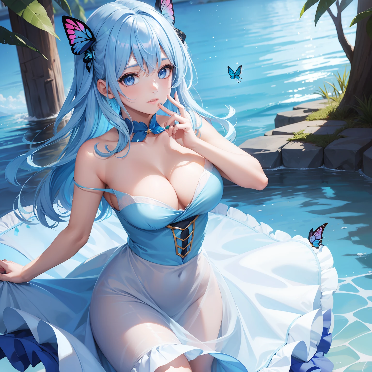 a women, blue butterfly, blue hair, pink eyes, blue dress