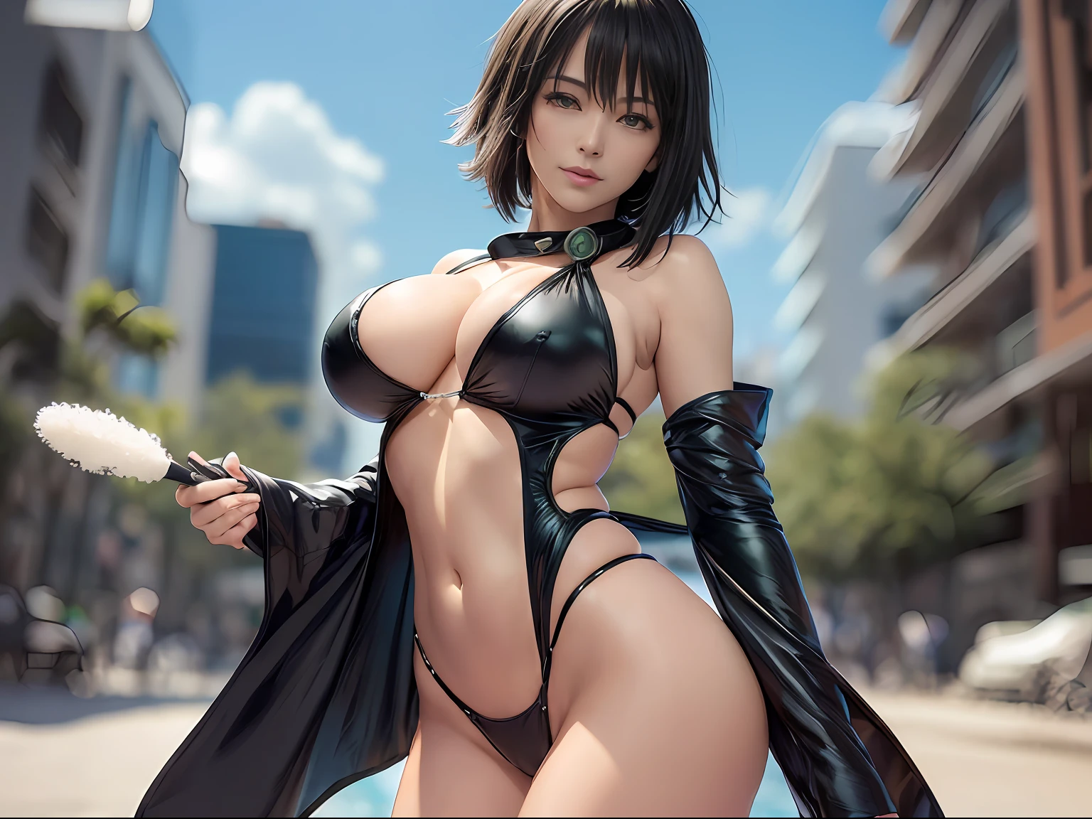 (((Fubuki))) (hero alias Blizzard de One Punch Man) sexy ((big breast )) ((lleva un vestido largo))) (((con la pierna descubierta verde oscuro ajustado cuello de tortuga))) ((tiene un abrigo de piel de oso)), ((collar de perlas)), hermosa cara ((imagen cuerpo completo)), que parezca un render de z brush, 8k cuerpo completo , (((fubuki)) sensual perfect body