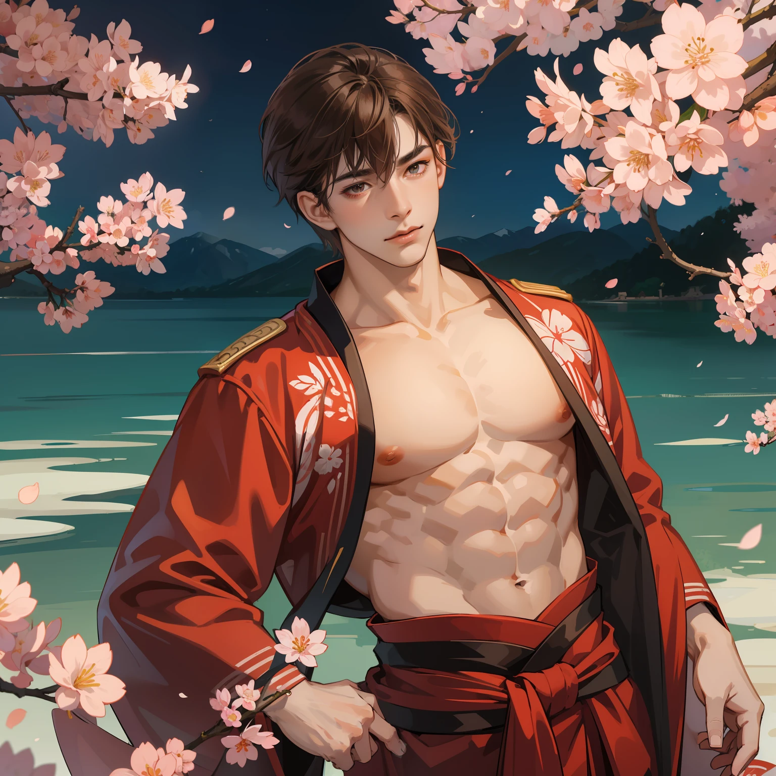 Male child、cherry trees、Sakura blizzard、springtime、Japan Mix military uniform and kimono、Brown hair、Muscular boy、abdominals、pectoral muscles、A Japanese style、Ethnic