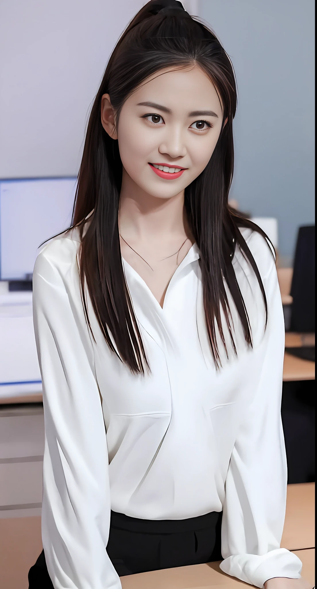 Sunlight streams into the spacious office through the bright glass windows，A girl in a modern workplace uniform is working intently。Her uniform is a classic black suit，The top fits snugly，Showcases beautiful body curves。At the collar is a delicate white shirt，The neckline is slightly open，Exudes a touch of confidence and elegance。Wear yours with a tonal skirt，The length of the skirt is just right，It also doesn't overexpose，It looks stylish and generous。

Her hair is neatly combed into a neat ponytail，Show off the elegant neckline，Looks smart and elegant。The light makeup just touched her facial features，Make her look refreshed，Don't lose your femininity in the workplace。Her eyes were bright and focused，Exudes passion and dedication to the work。

In front of her was a computer，Type the keyboard skillfully with both hands，Quickly handle a wide range of work tasks。She has some papers and office supplies on her desk，Everything was in order。Whenever a colleague encounters difficulties，She would smile and lend a hand，Help her expertise and experience。Her professionalism has been respected and recognized by her colleagues，It has become a beautiful sight in the office。
