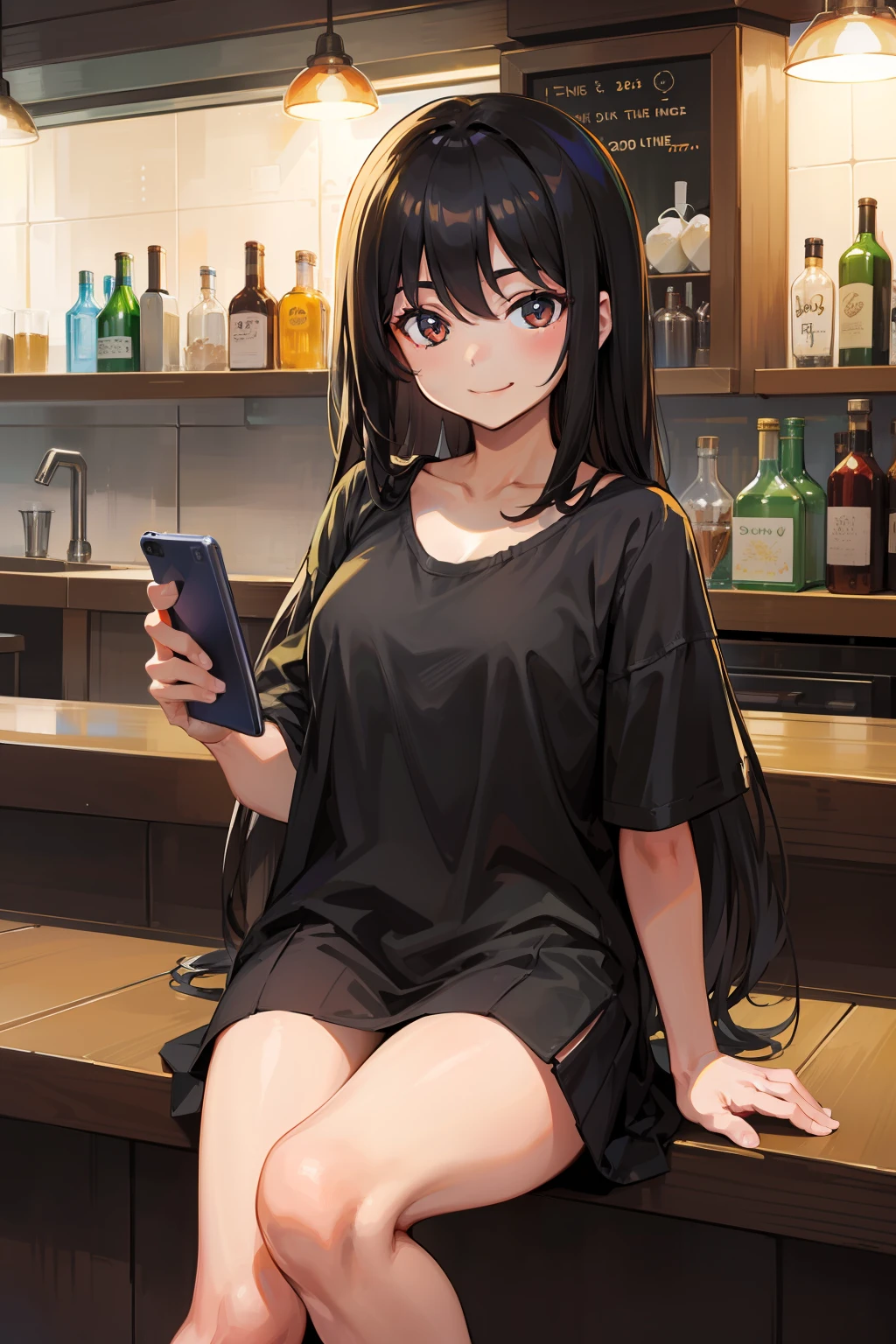 a bar counter,sitting on,Smiling with long black hair、Girl with smartphone near cheek