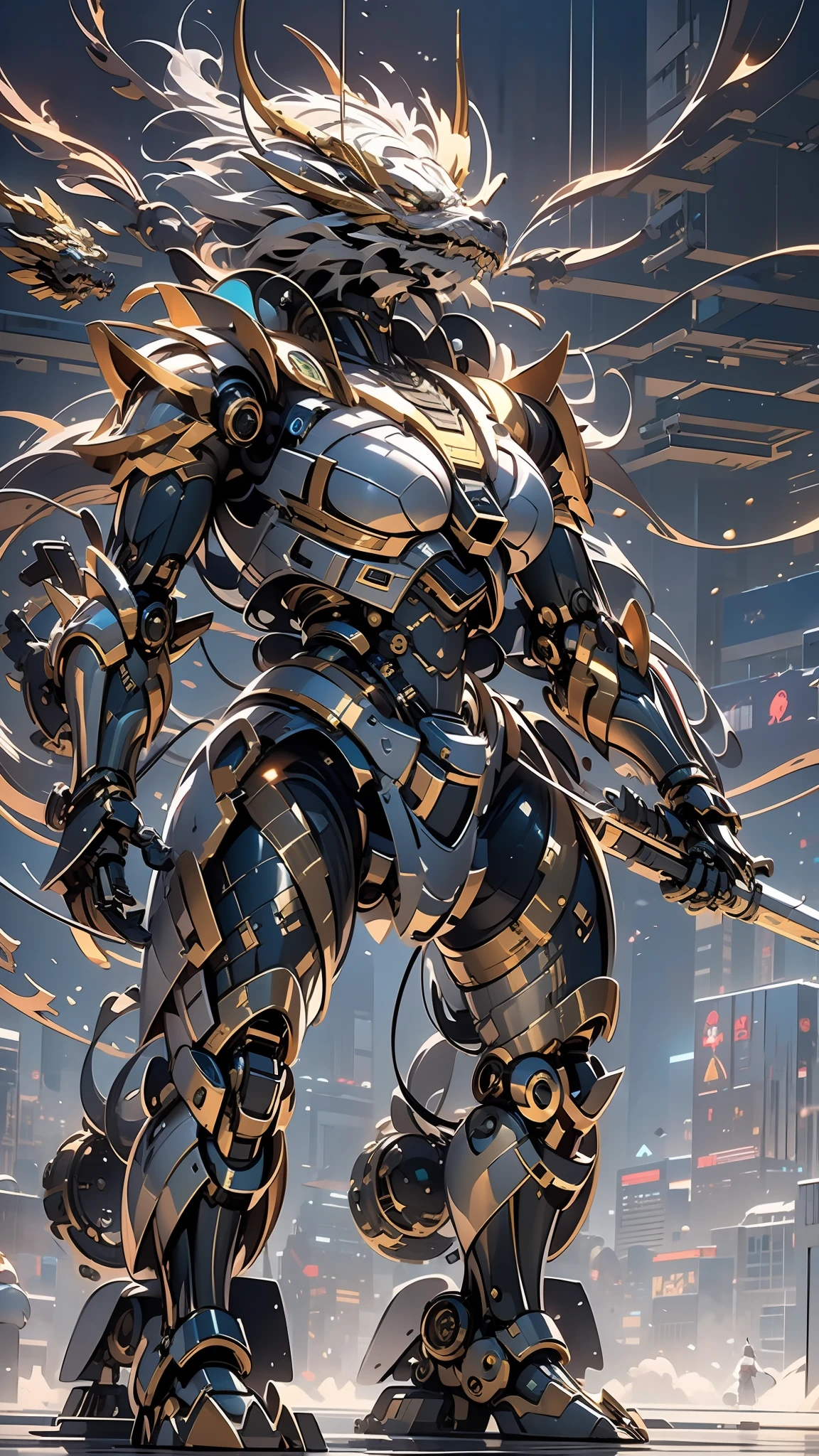 （（best qualtiy））， （（tmasterpiece））， （The is very detailed：1.3）， 3D，In Cyberpunk World，A girl in mechanical armor，holding futuristic weapons，The battle is ahead，Behind her was a medium-sized armored mech，At the end of the end, There are super giant mecha Oriental Dragon，hdr（HighDynamicRange），Ray traching，NVIDIA RTX，Hyper-Resolution，Unreal 5，sub surface scattering，PBR textures，Post-processing，Anisotropic filtering，depth of fields，Maximum clarity and sharpness，Many-Layer Textures，Albedo e mapas Speculares，Surface coloring，Accurately simulate light-material interactions，perfectly proportions，rendering by octane，twotonelighting，Low ISO，White balance，trichotomy，Wide aperture，8K raw data，High-Efficiency Sub-Pixel，sub-pixel convolution，Luminous Particle，