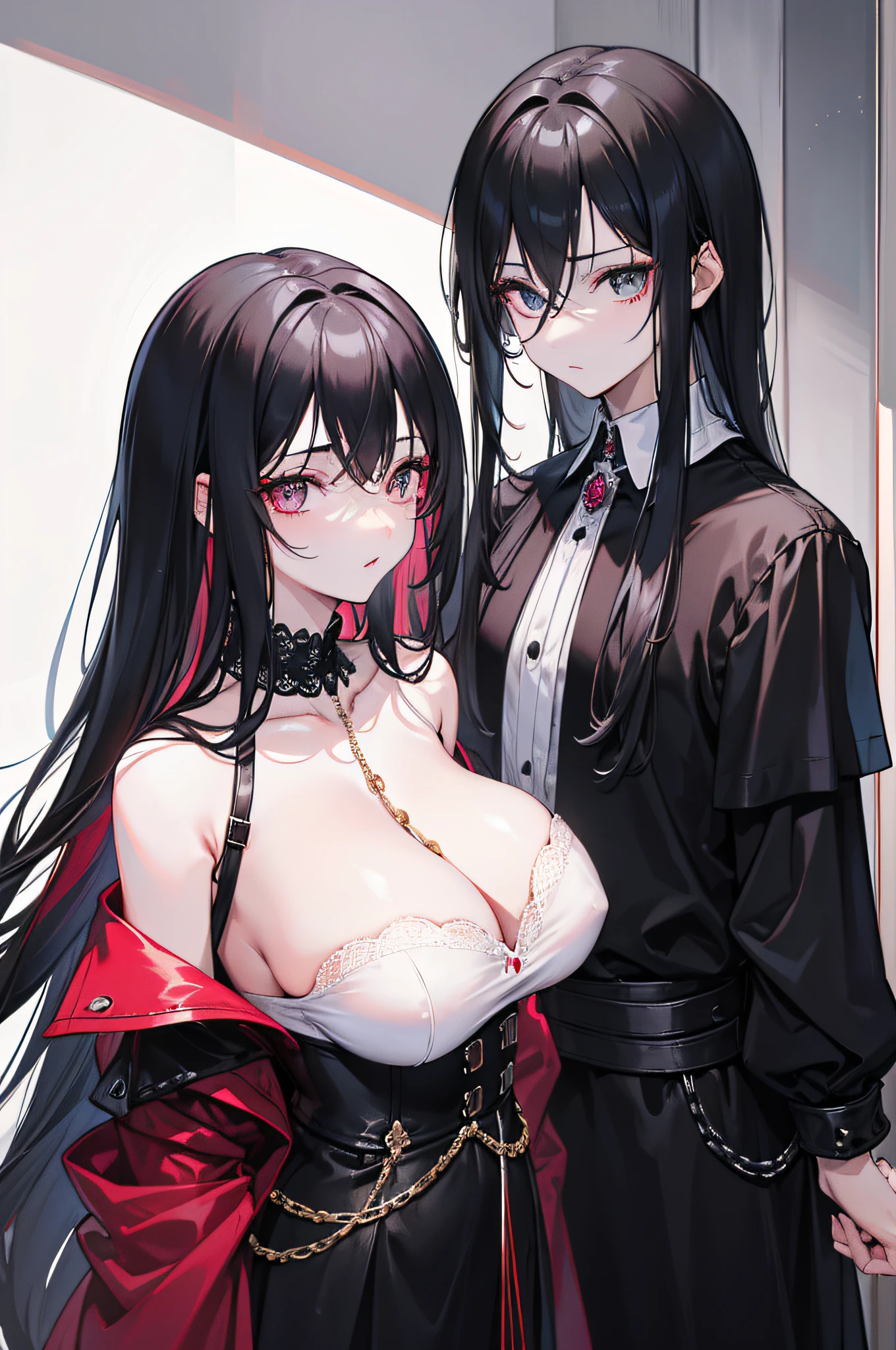 25 year old couple,Royal sister youth,black color hair,Thin iron chains are wound,transparent white shirt,blacksilk,Erotic lingerie,Be red in the face,Pink lips,The background is minimalist,8K masterpiece