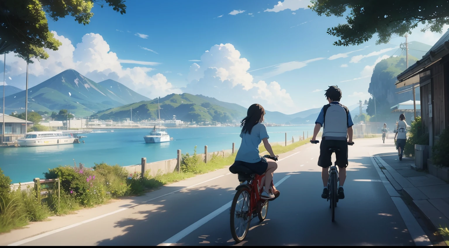 Daily life on the island as seen in Makoto Shinkai's works、sunny sky Lively streets、Mountain slope、people walking々、Couple riding two people on bicycles、top-quality、