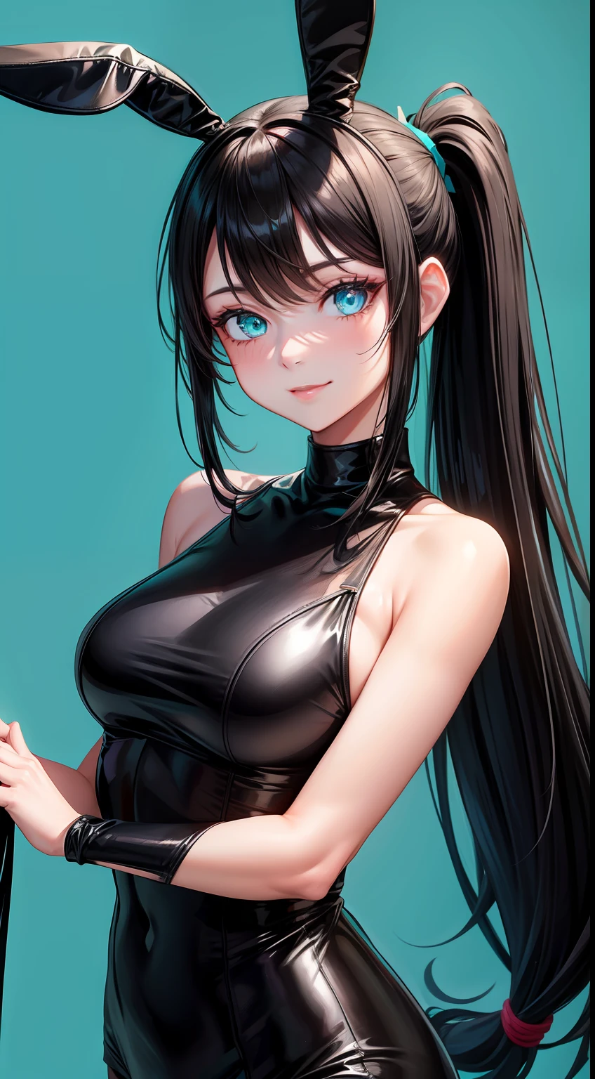 Adult woman, Long black hair, high ponytail, bunny ears, turquoise eyes, black skintight clothes, ssmile, Masterpiece, hiquality