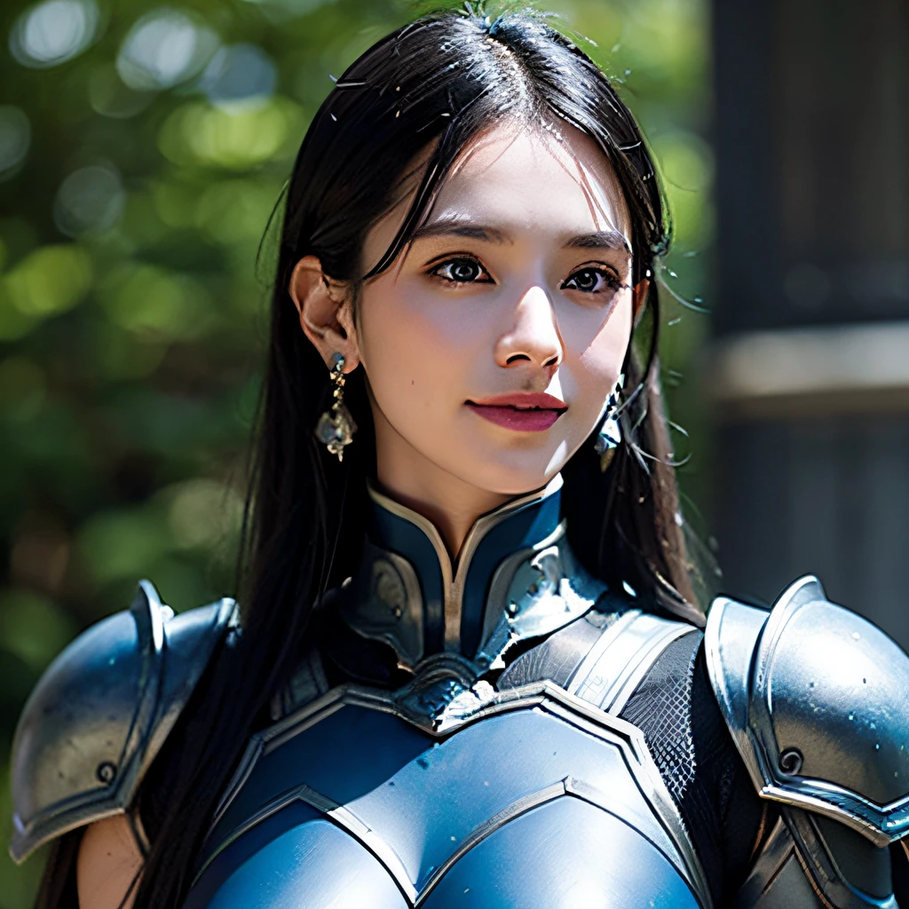 1girl, armor, black_hair, blurry, blurry_background, blurry_foreground, breasts, blue_eyes, closed_mouth, depth_of_field, earrings, jewelry, long_hair, looking_at_viewer, smile, solo, upper_body