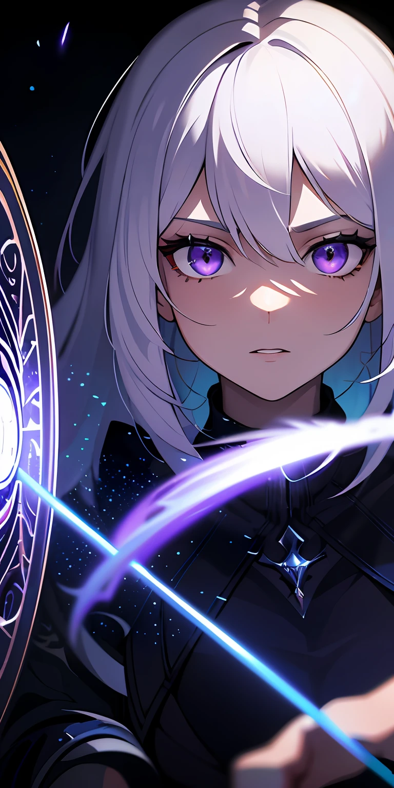 (masterpiece, best quality, ultra-detailed, best shadow), (detailed background,dark fantasy), (beautiful detailed face), high contrast, (best illumination, an extremely delicate and beautiful), ((cinematic light)), colorful, hyper detail, dramatic light, intricate details, (1girl, solo,white hair, sharp face,purple eyes, hair between eyes,dynamic angle), blood splatter, swirling black light around the character, depth of field,black light particles,(broken glass),magic circle,