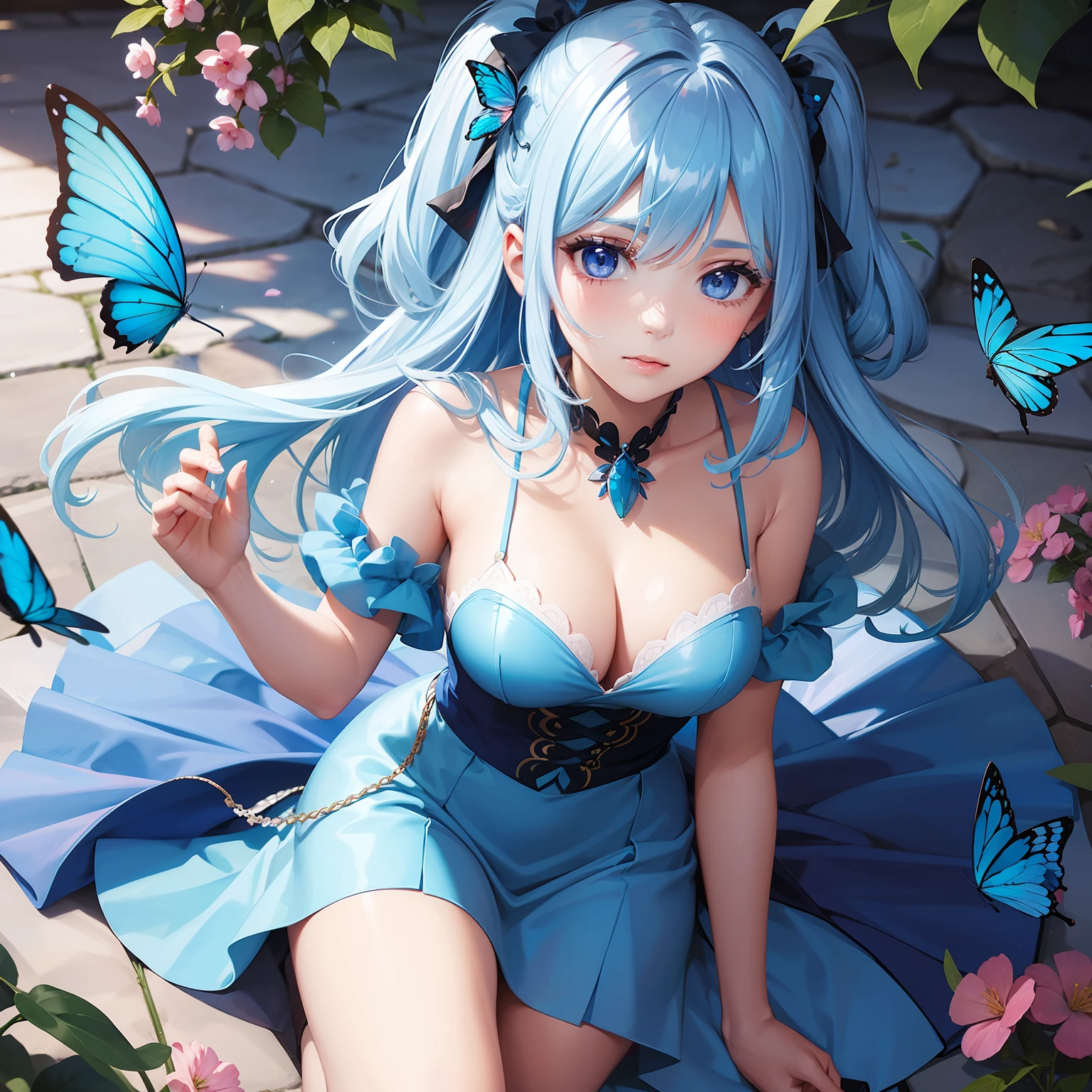a women, blue butterfly, blue hair, pink eyes, blue dress