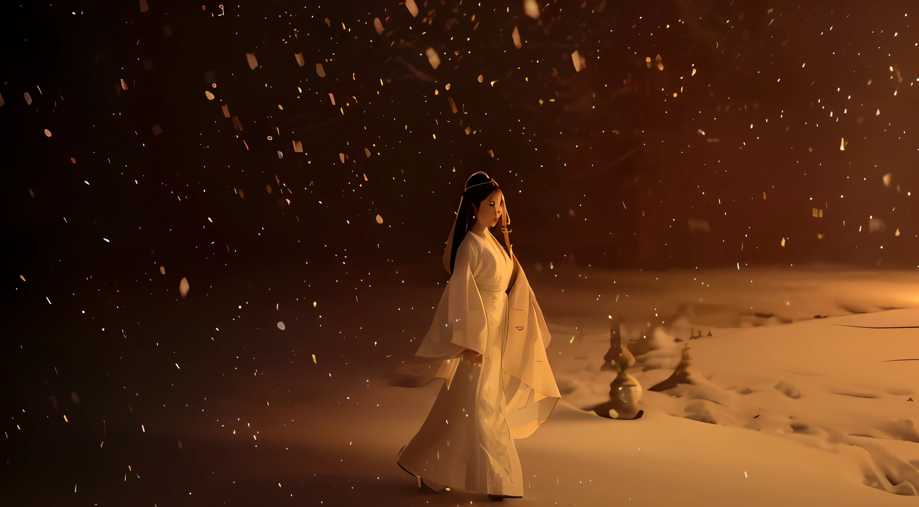 There was a woman in a white dress walking around in the snow, Lens flare Blizzard, cinematic goddess shot, perfect lighting in a snow storm, a still of an ethereal, dreamy atmosphere and drama, Palace ， A girl in Hanfu, stunning cinematography, inspired by Yun Du-seo, beautiful cinematography, Inspired by Tang Yifen, inspired by Liu Haisu, Light snowfall